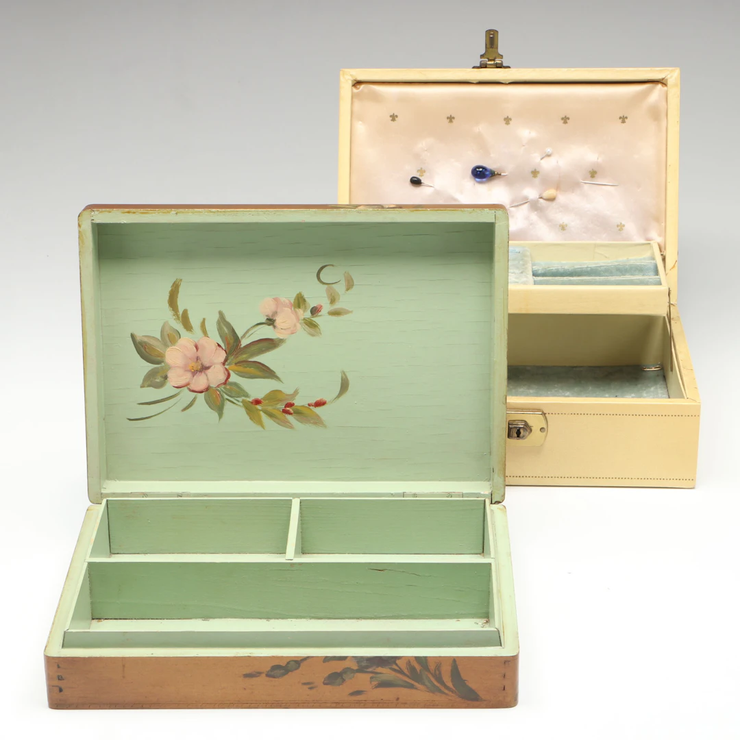 Hand-Painted Floral With Italian Style Fluer de Lis Jewelry Boxes