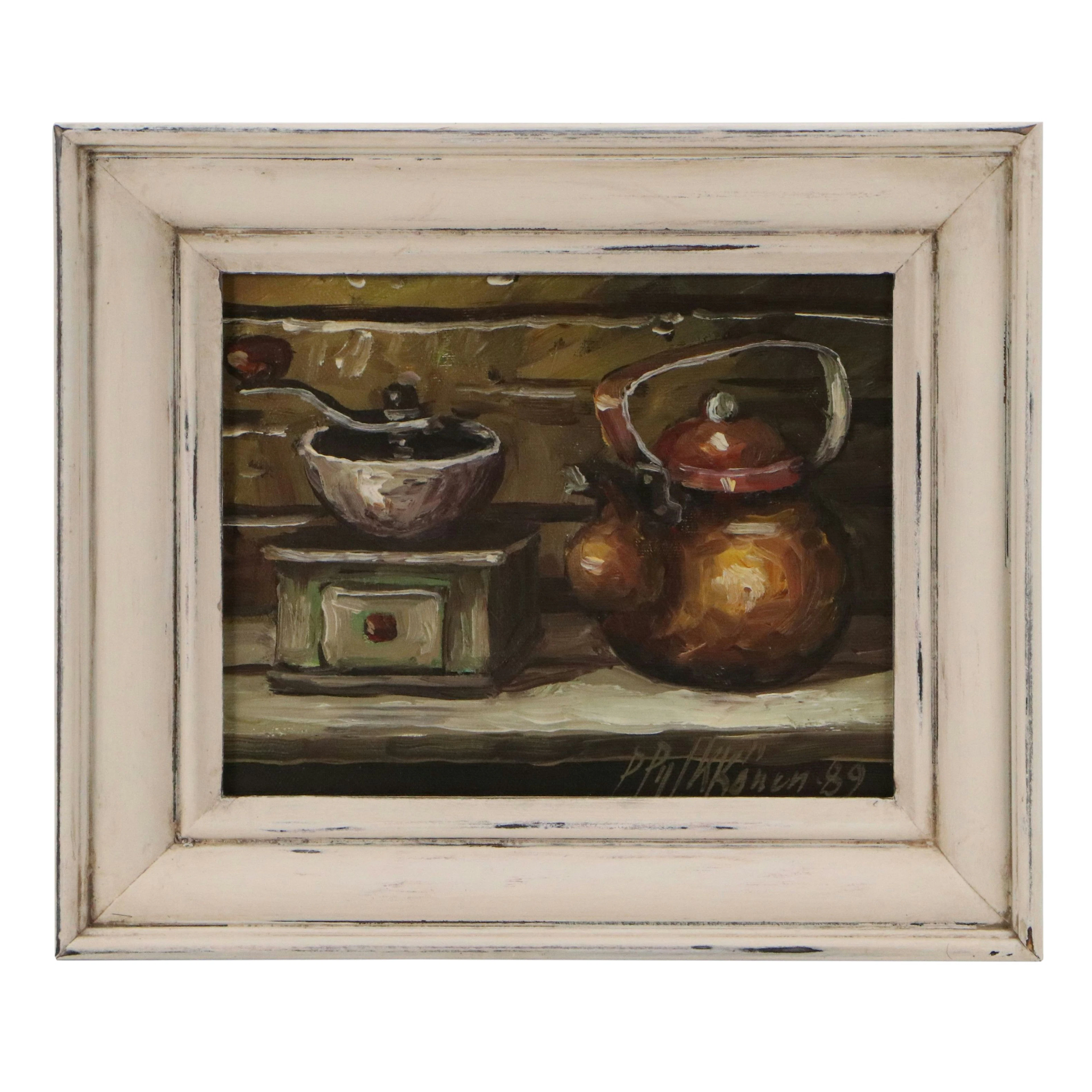 Rustic Still Life Oil Painting of Teapot and Grinder, 1989