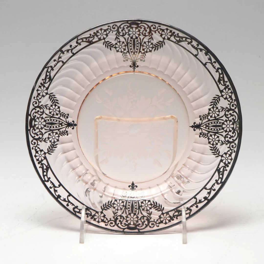 Art Nouveau Floral Etched Glass Plate with Sterling Silver Overlay