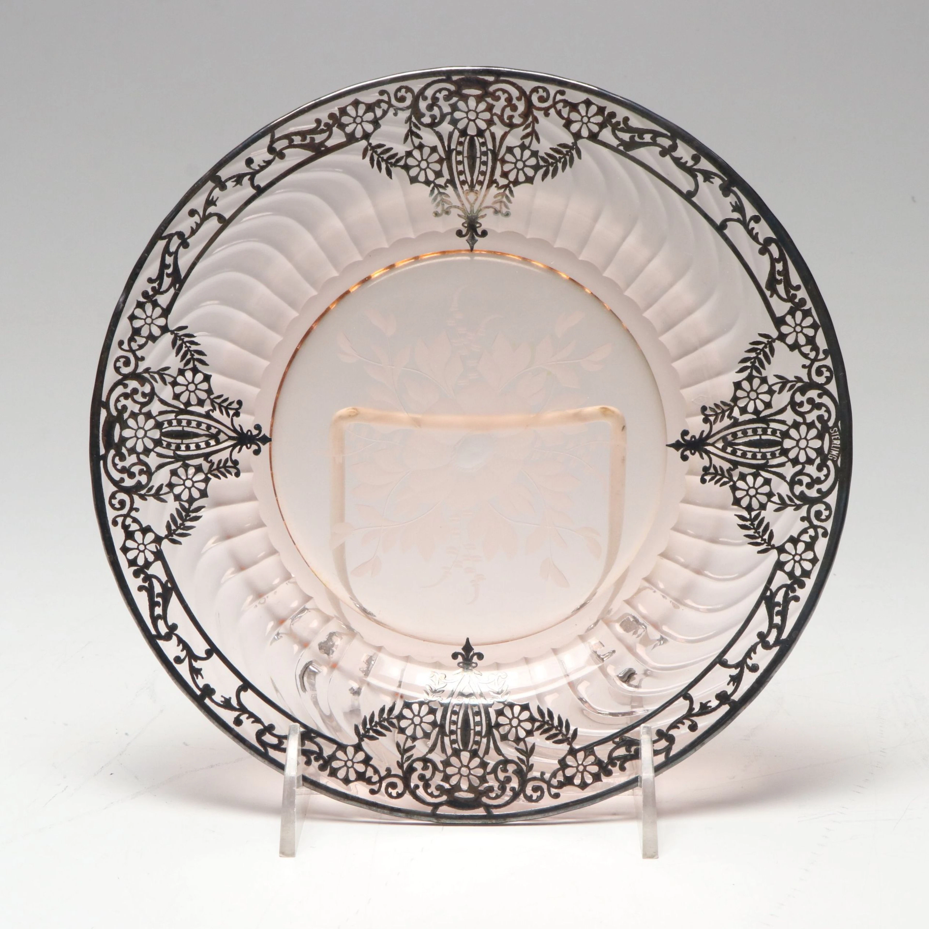 Art Nouveau Floral Etched Glass Plate with Sterling Silver Overlay