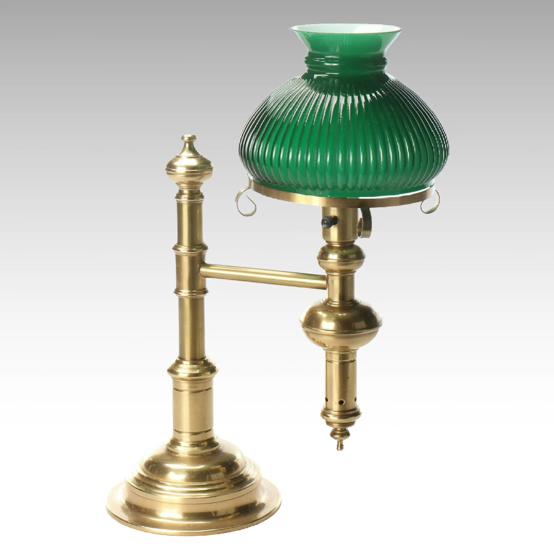 Brass Offset Arm Student Lamp with Green Cased Glass Shade
