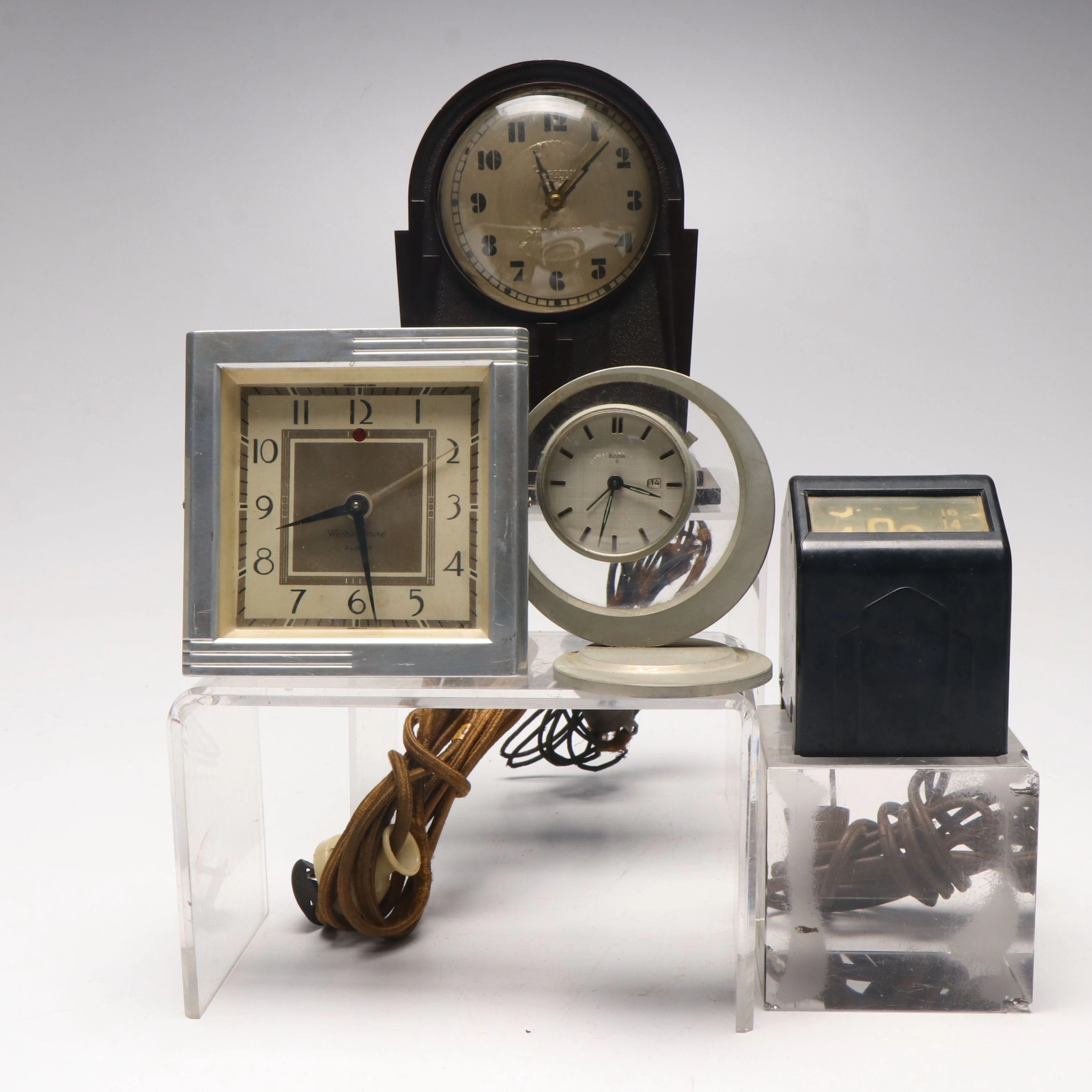 Bulova French Travel Alarm Clock with More Vintage Clocks, Mid to Late 20th C.