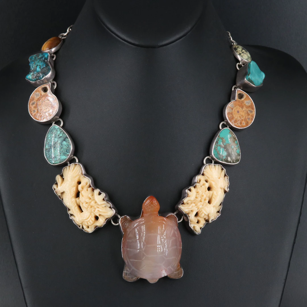 Sterling Carved Turtle and Dragon Necklace Featuring Agate and Ammonite
