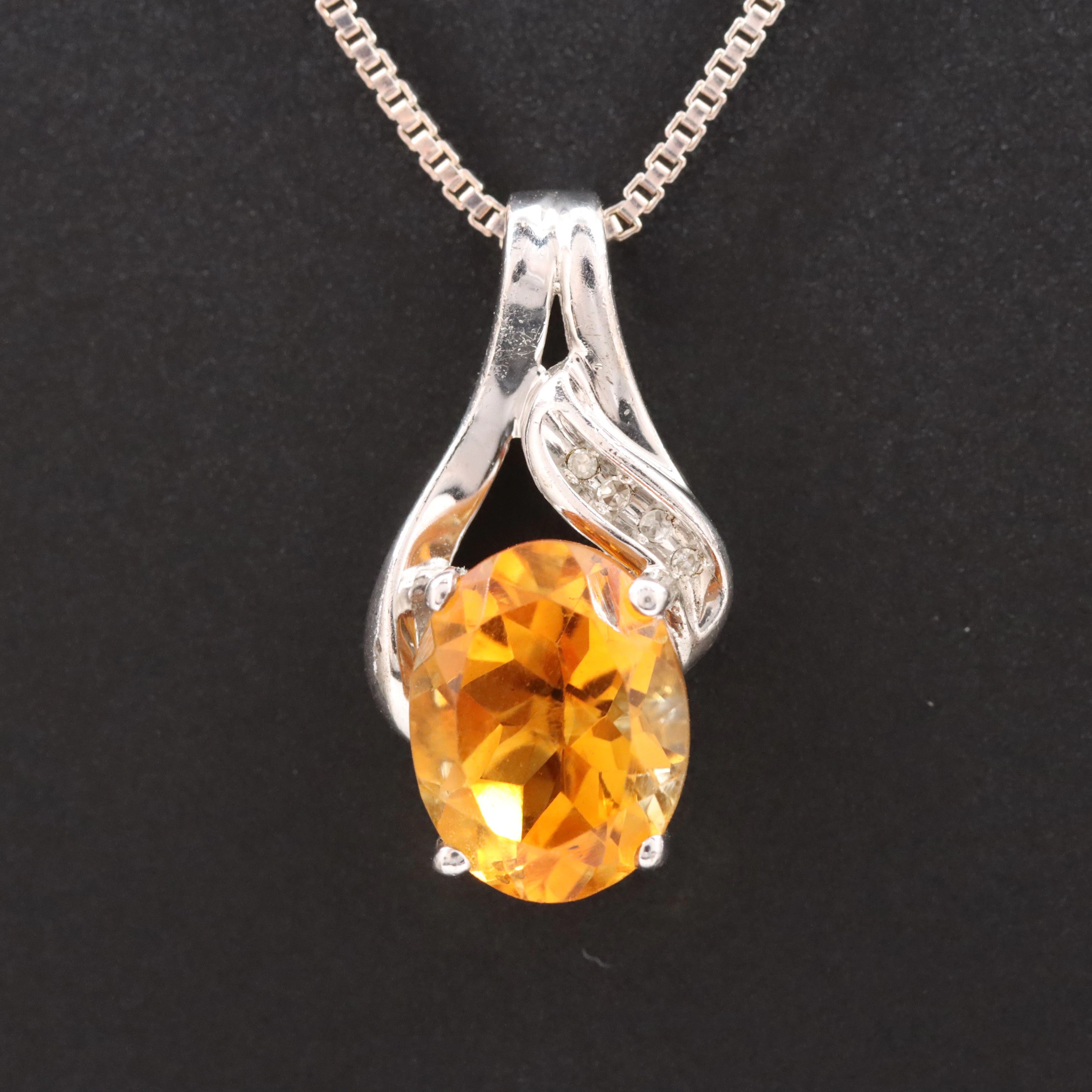 Sterling Citrine and Diamond Pendant Necklace