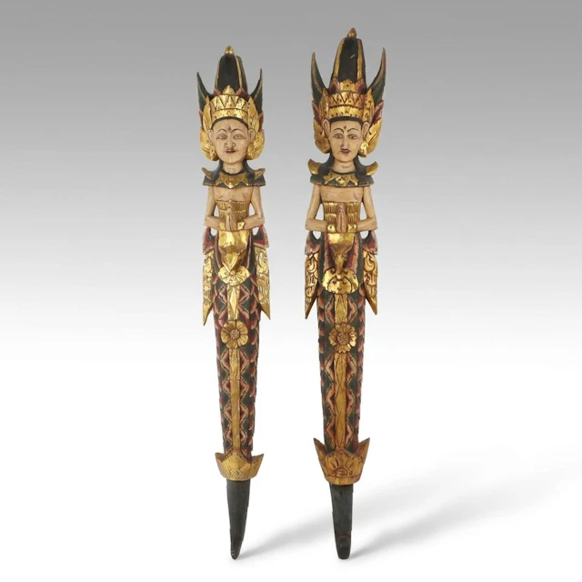 Balinese Carved and Polychrome-Painted Wood Royal Guardian Figures