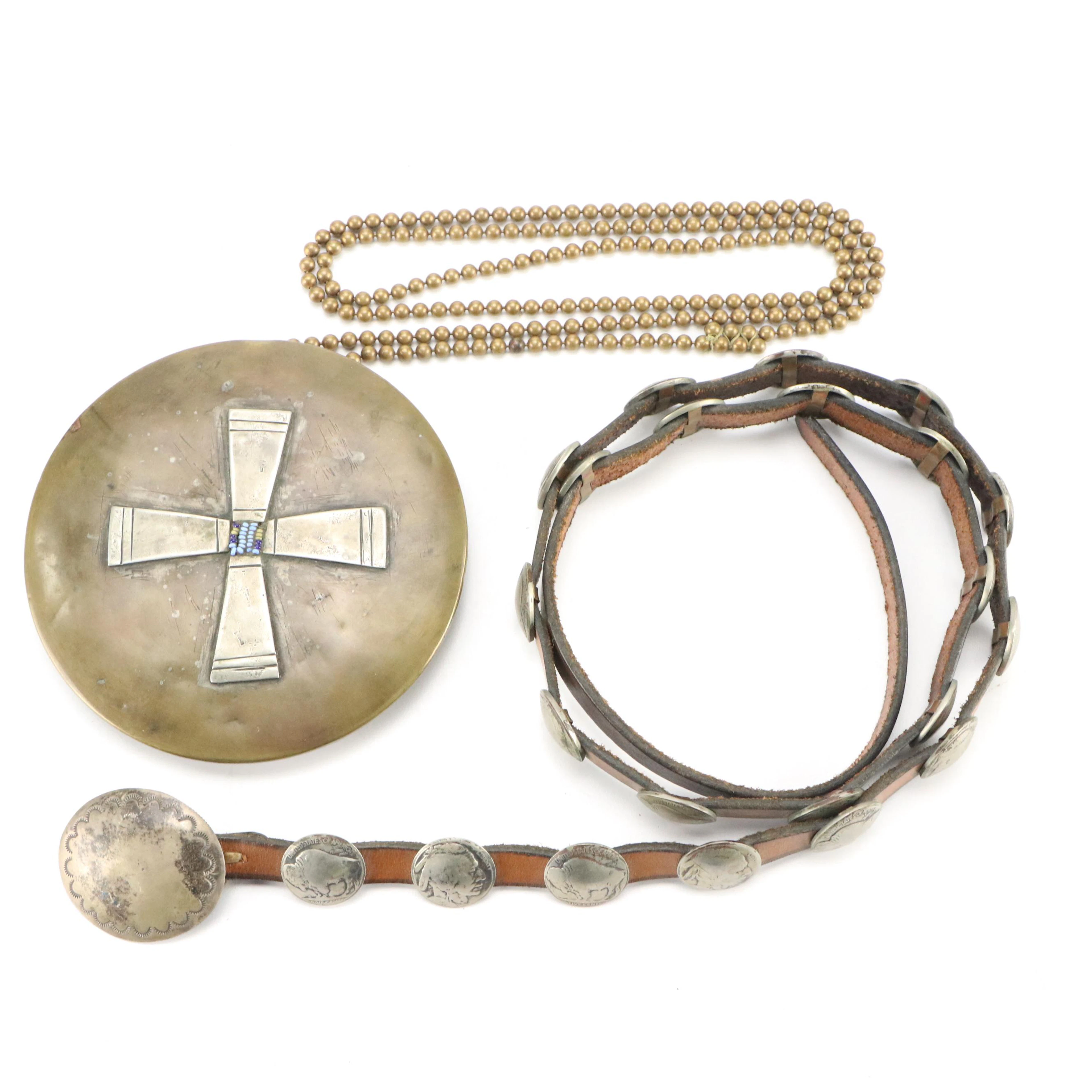 Diné (Navajo) Buffalo Nickel Concho Belt with Indigenous Brass Cross Necklace