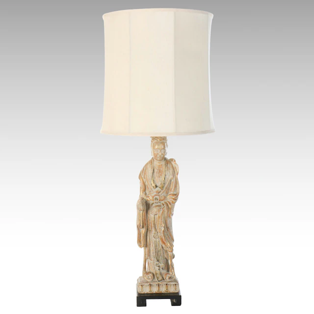 Gilt Plaster Guanyin Torchiere Table Lamp, Mid to Late 20th C.