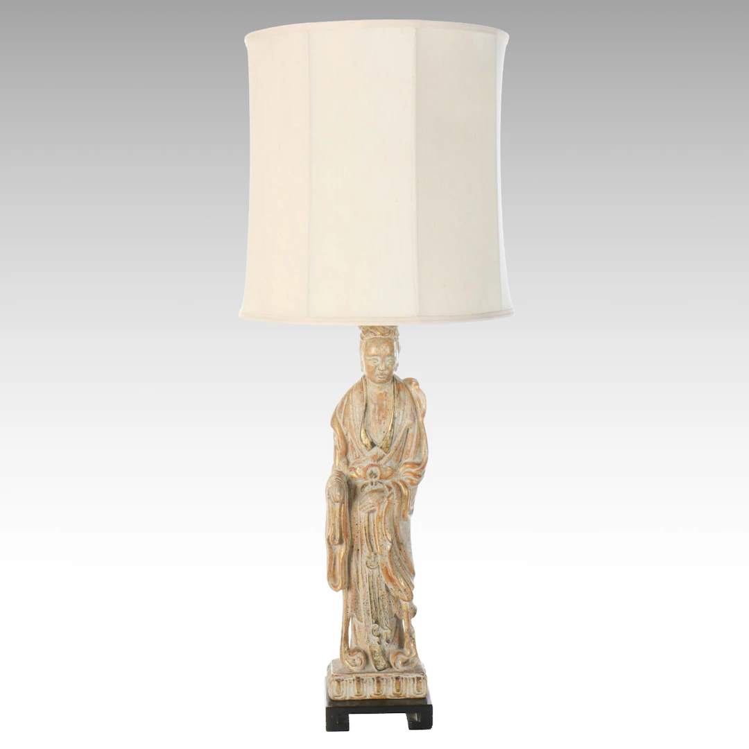 Gilt Plaster Guanyin Torchiere Table Lamp, Mid to Late 20th C.