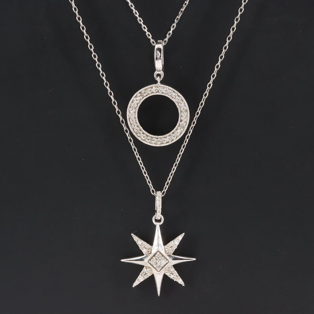 Hallmark Sterling North Star and Circle Diamond Pendant Necklaces