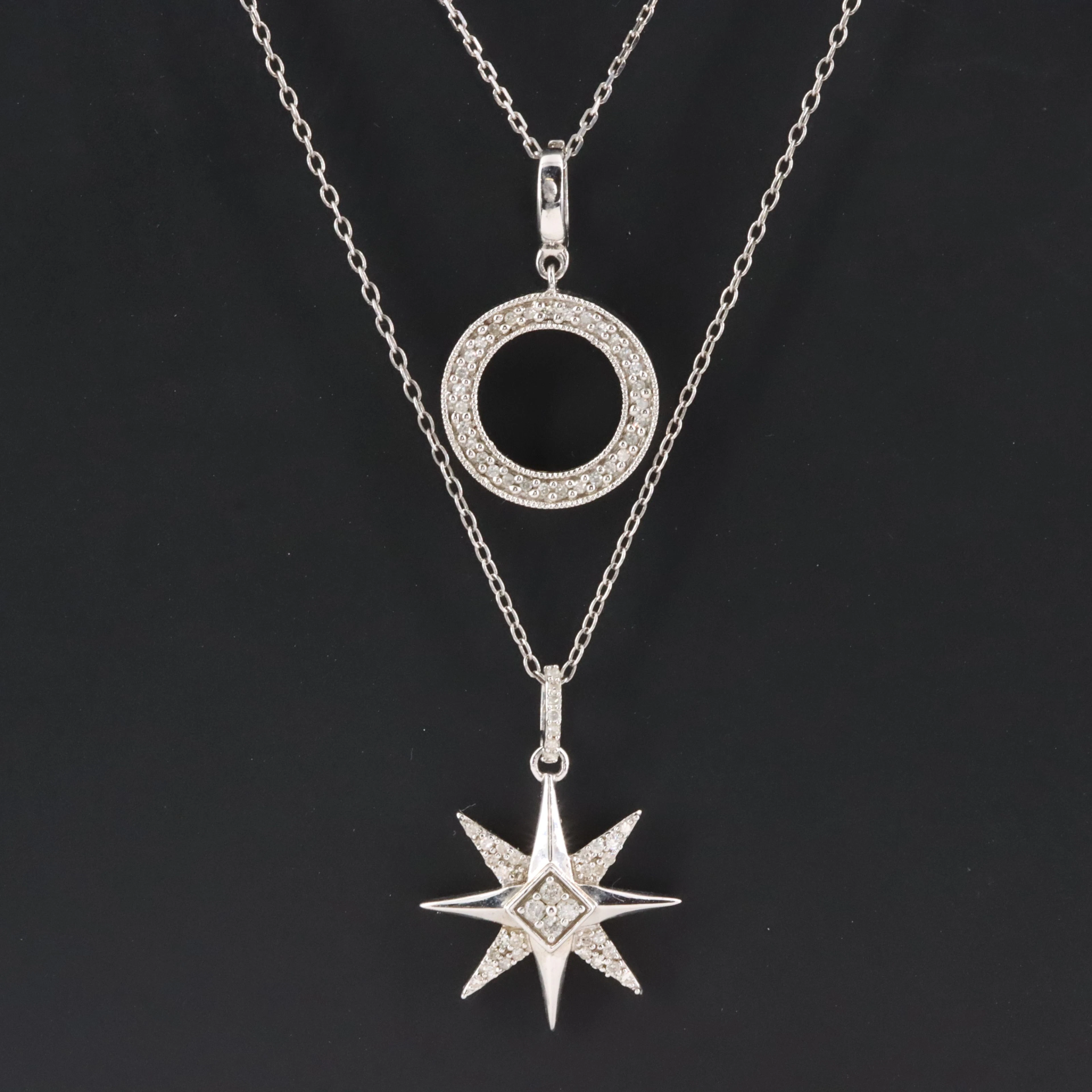 Hallmark Sterling North Star and Circle Diamond Pendant Necklaces