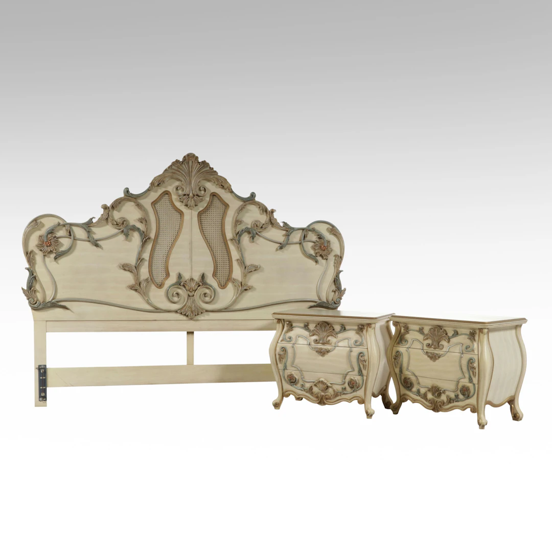 French Provincial Style Painted Wooden Headboard and Nightstands