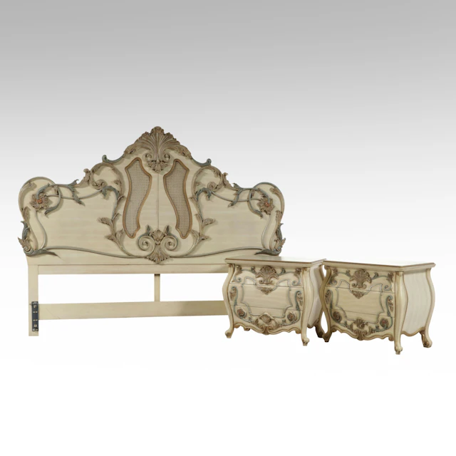 French Provincial Style Painted Wooden Headboard and Nightstands