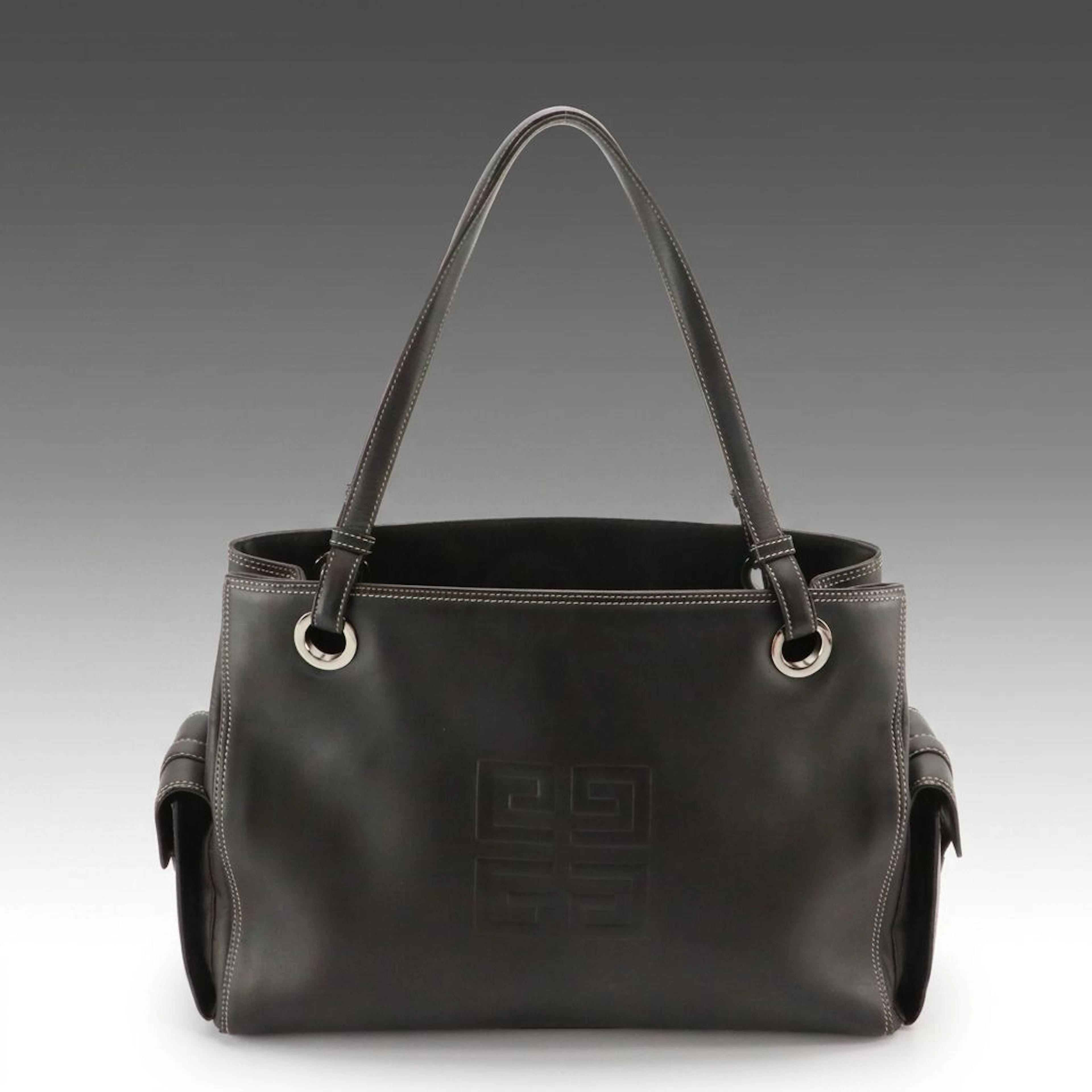 Givenchy Embossed Logo Leather Tote Bag with Side Pockets and Contrast