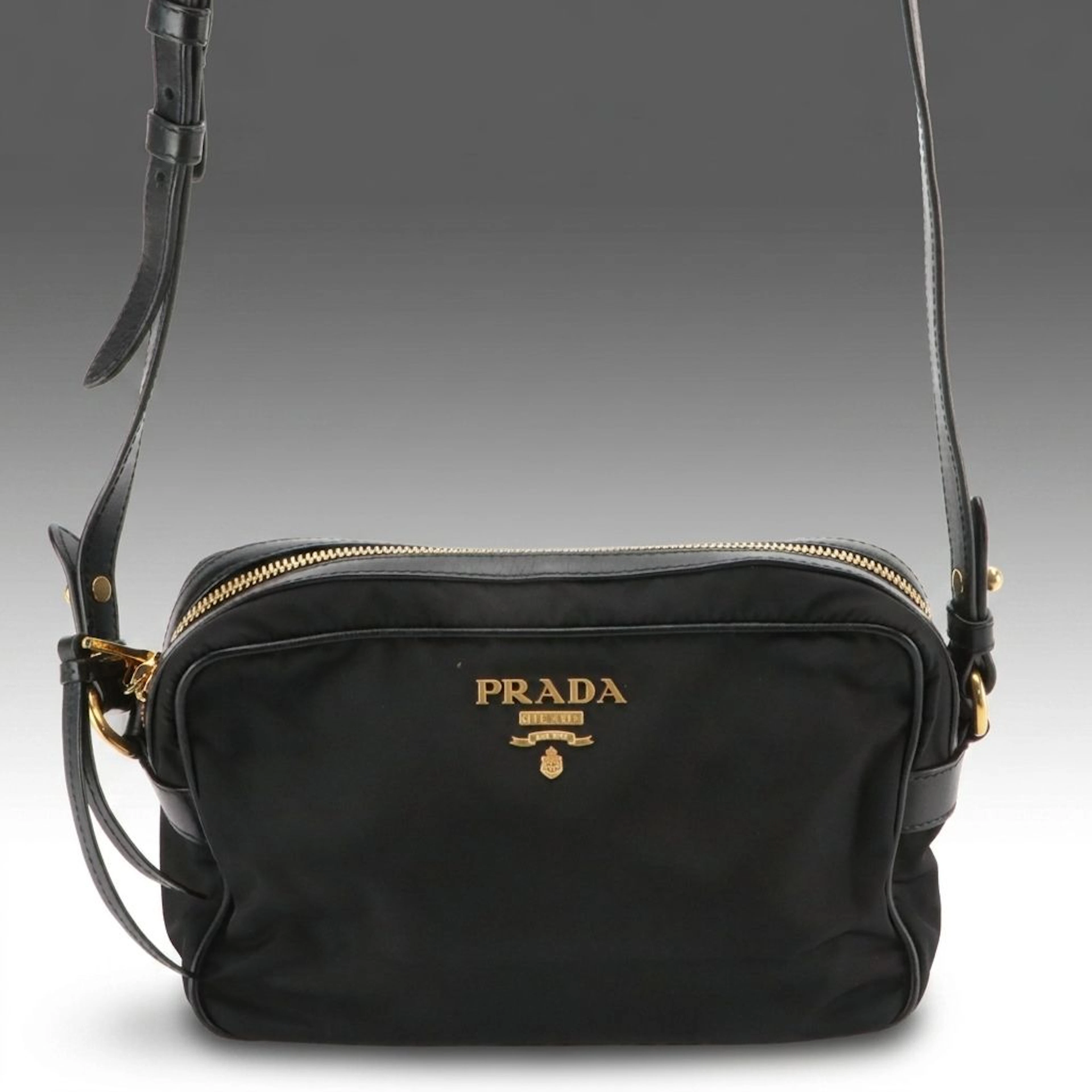Prada Camera Crossbody Bag in Black Tessuto Nylon and Calfskin Leather