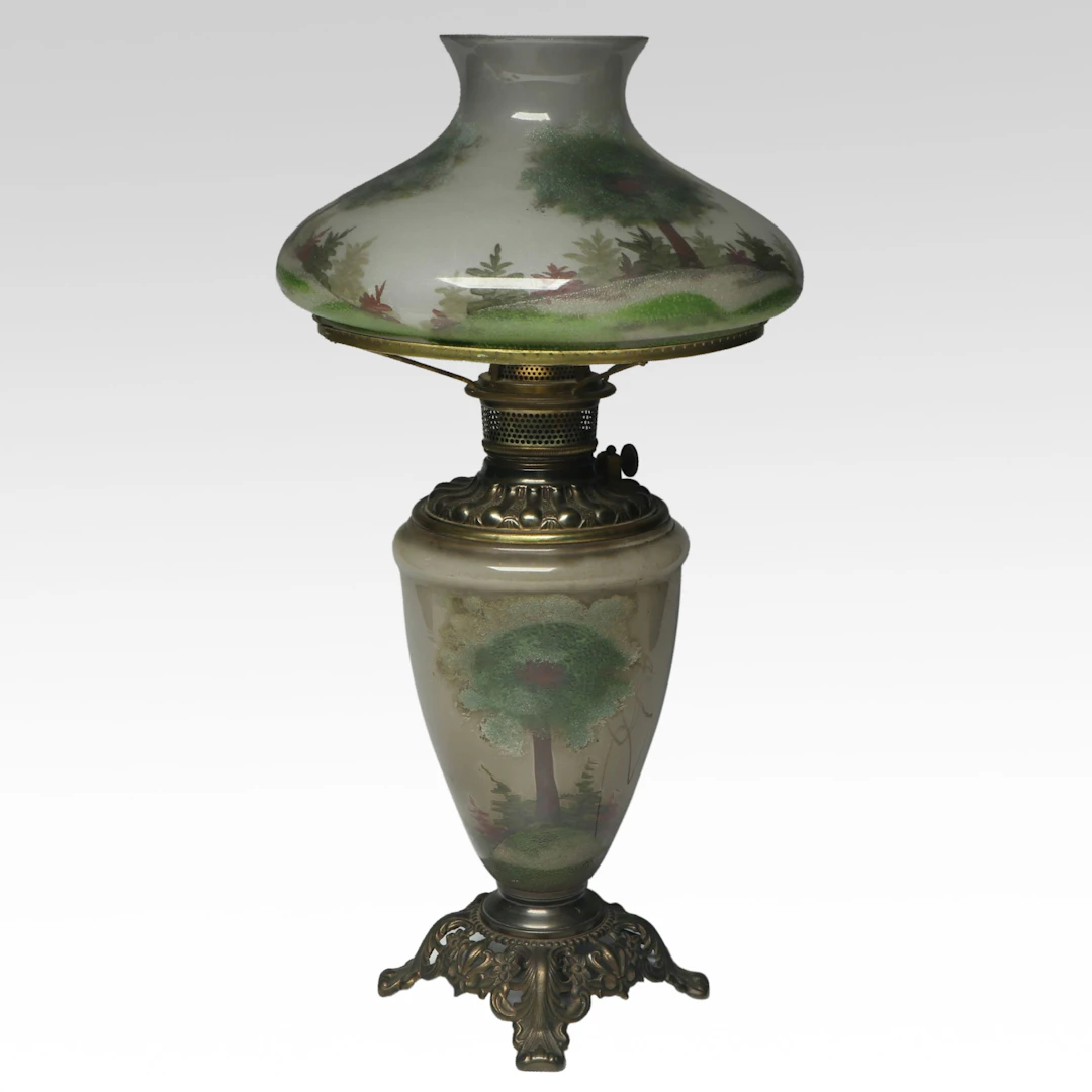 Reverse-Painted Glass Table Lamp with Matching Shade