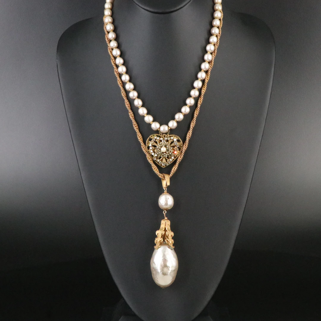 Miriam Haskell Signed Faux Pearl Necklace Grouping with Heart & Baroque Drop