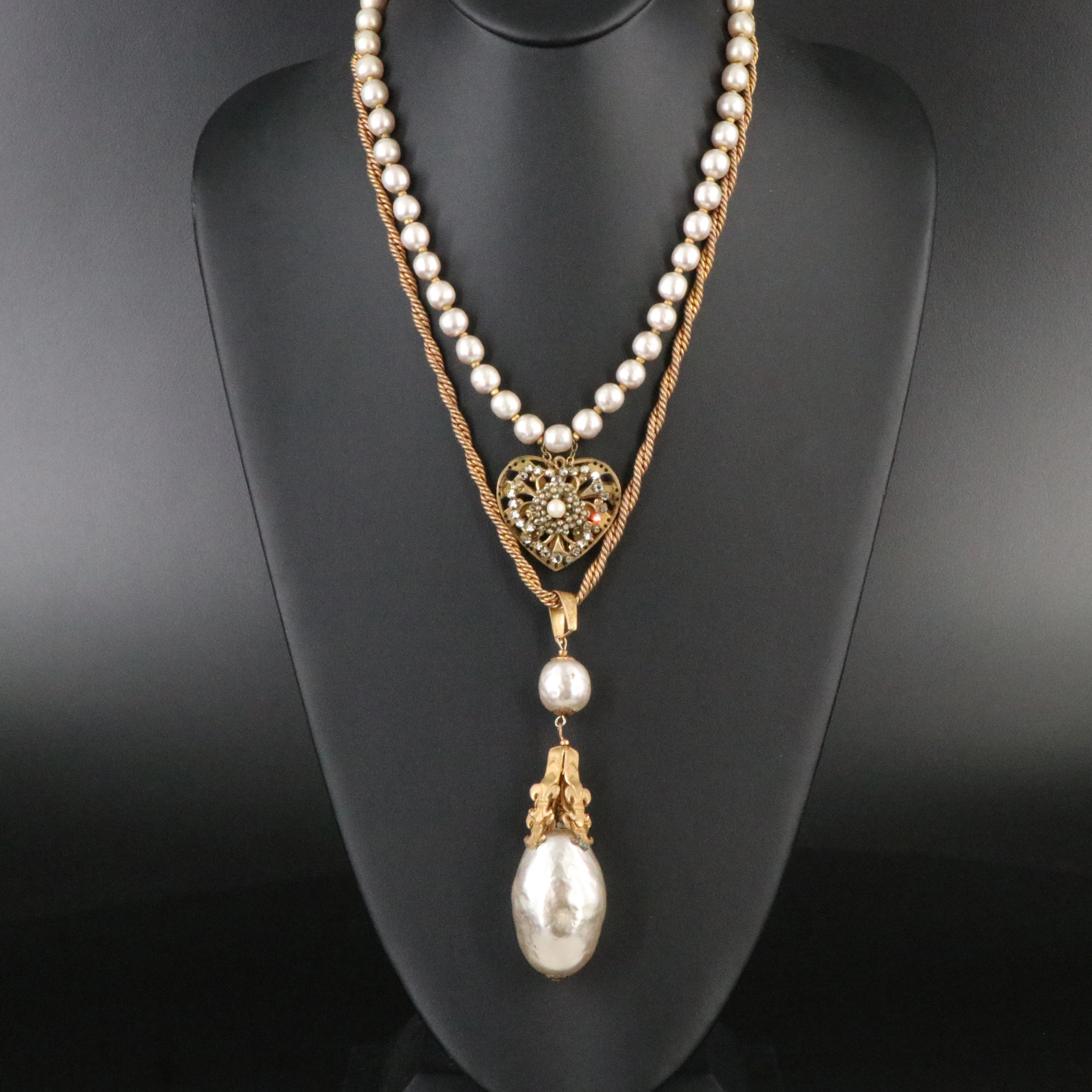 Miriam Haskell Signed Faux Pearl Necklace Grouping with Heart & Baroque Drop