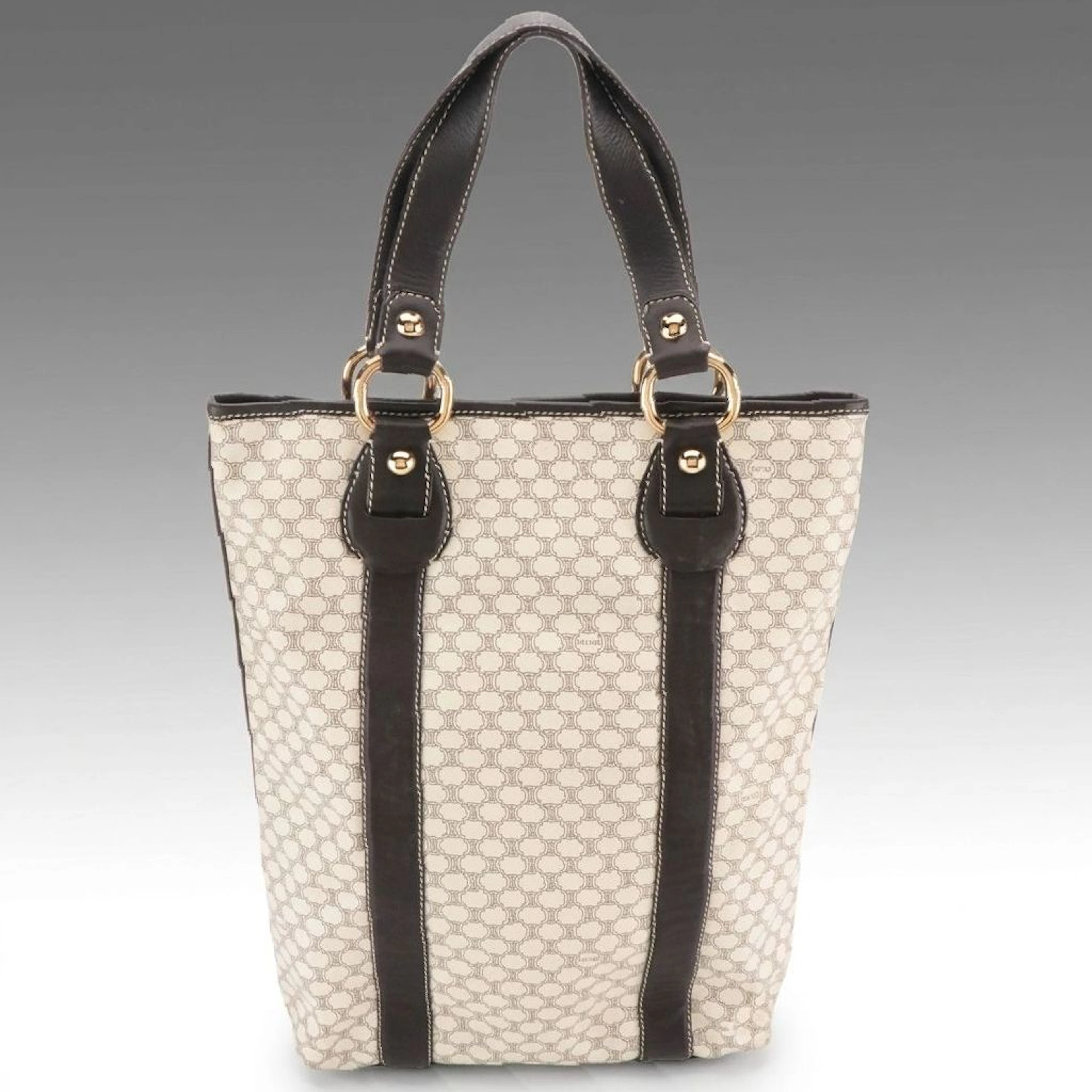 Celine Vertical Tote Bag in Macadam Canvas and Dark Brown Leather