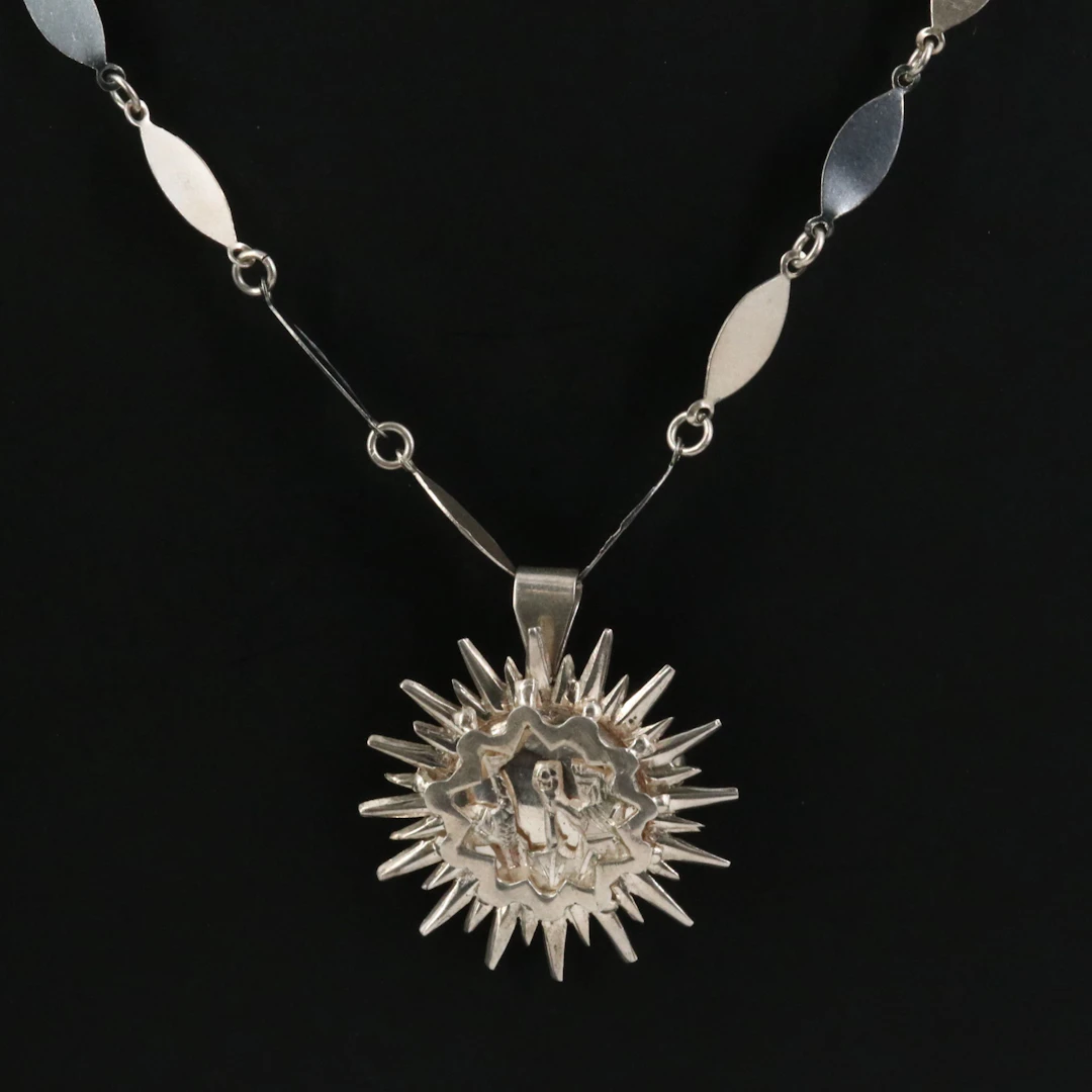 Sterling Pre-Columbian Motif Pendant Brooch Necklace