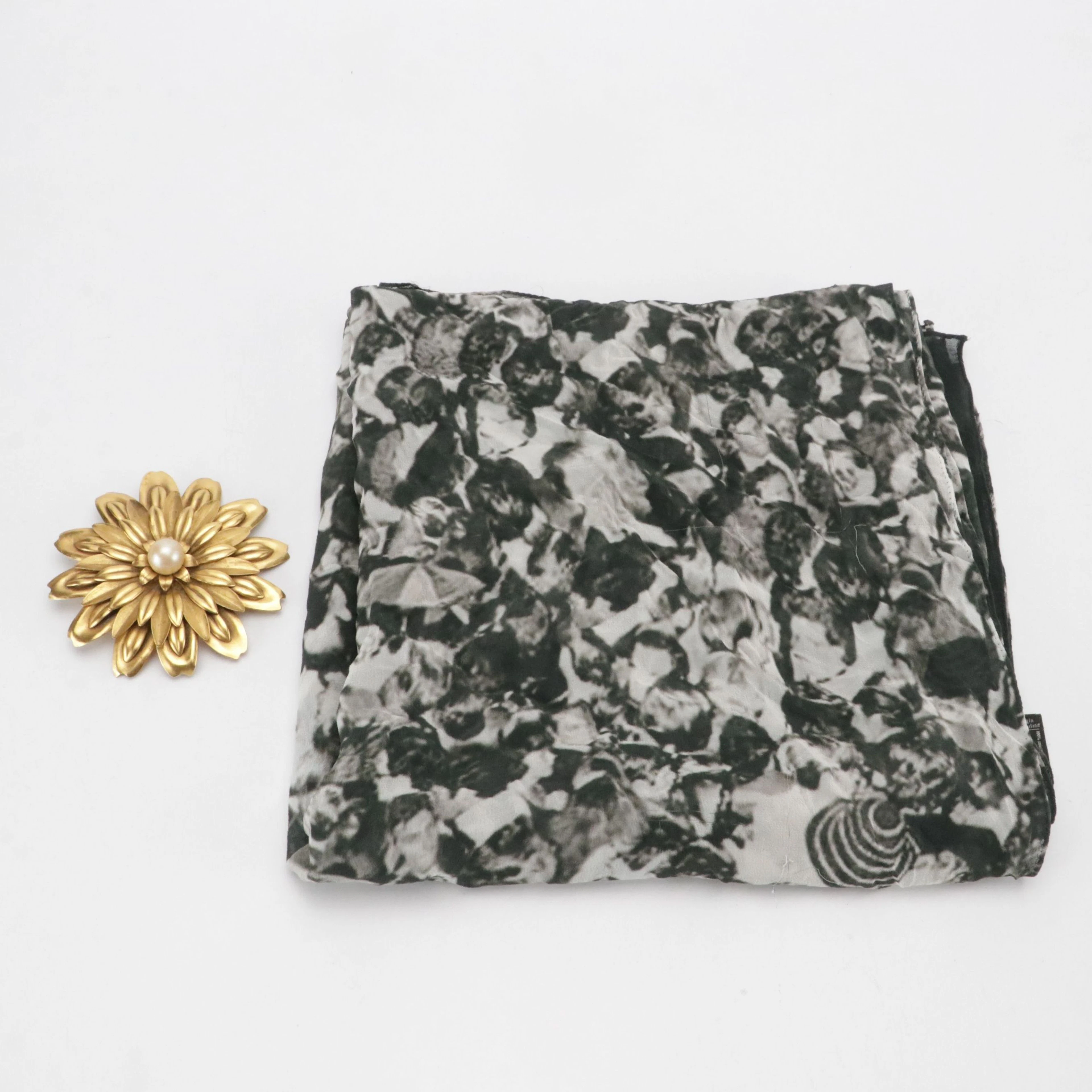 Jay Strongwater Gold Tone Flower Brooch and Akris B&W Printed Silk Scarf