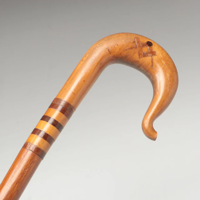 Masonic Hand-Carved Crook Handle Wooden Cane, Early 20th Century