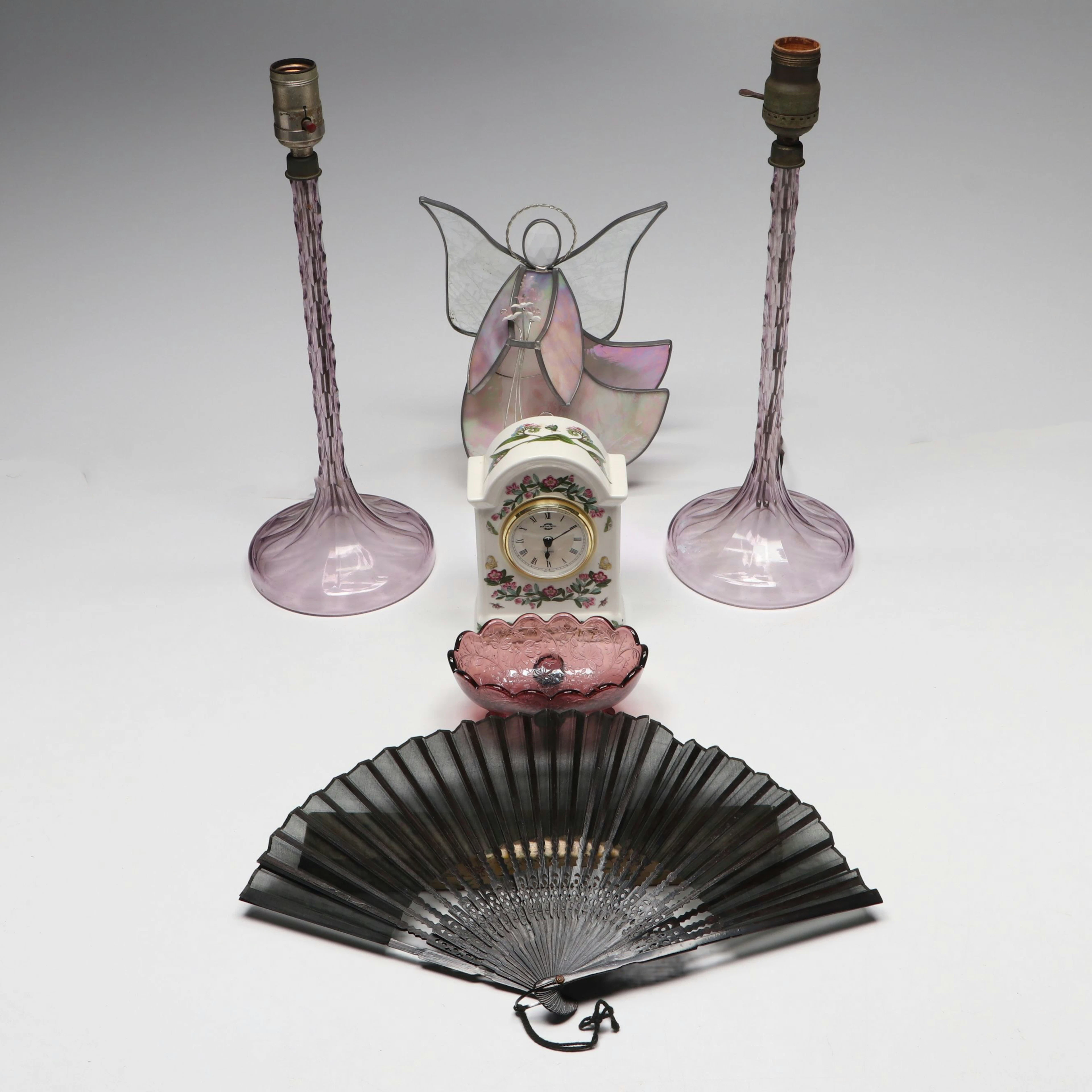 Amethyst Glass Candlestick Lamps, Portmeirion Clock, and Assorted Décor