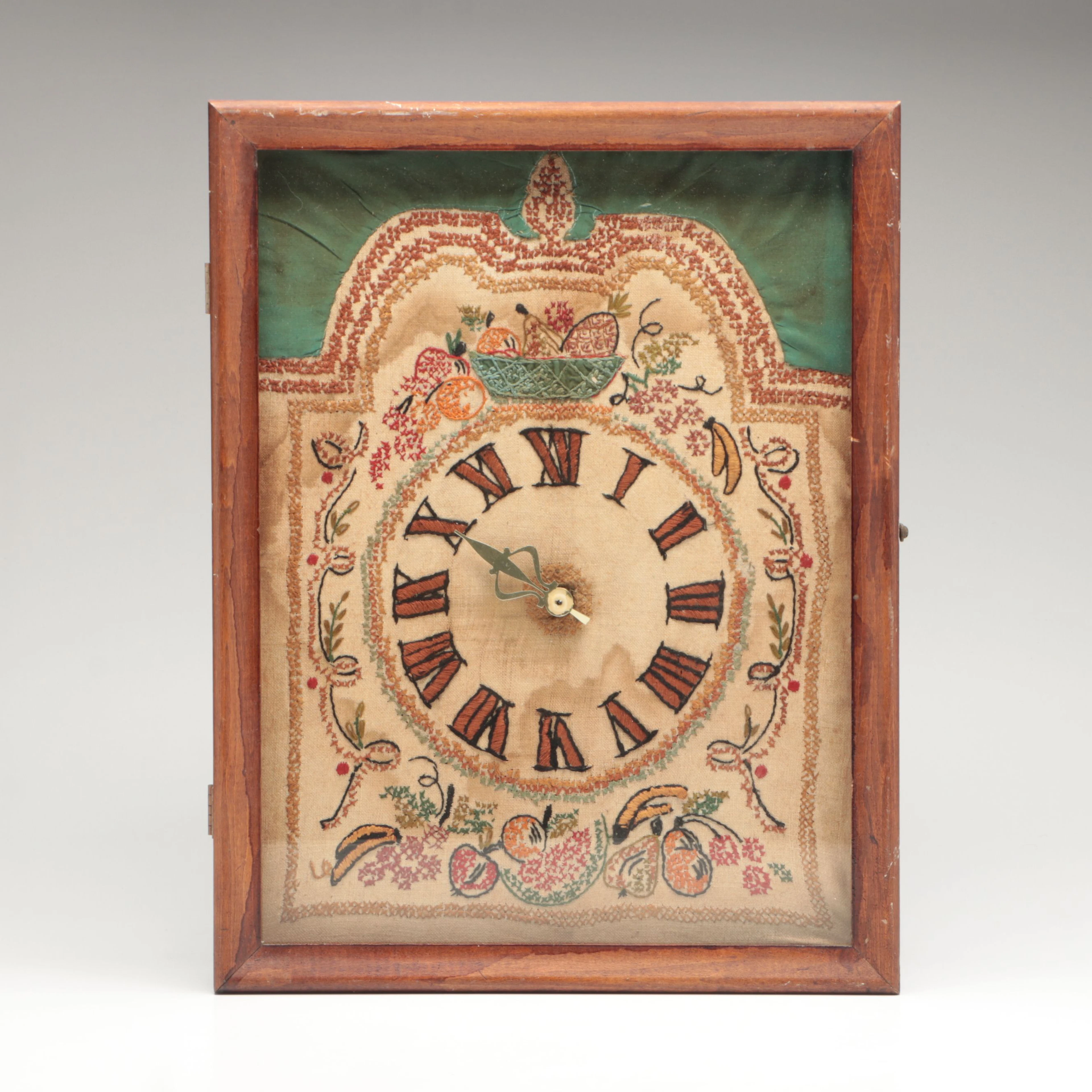Cross Stitch and Embroidery Wooden Framed Wall Clock, Vintage