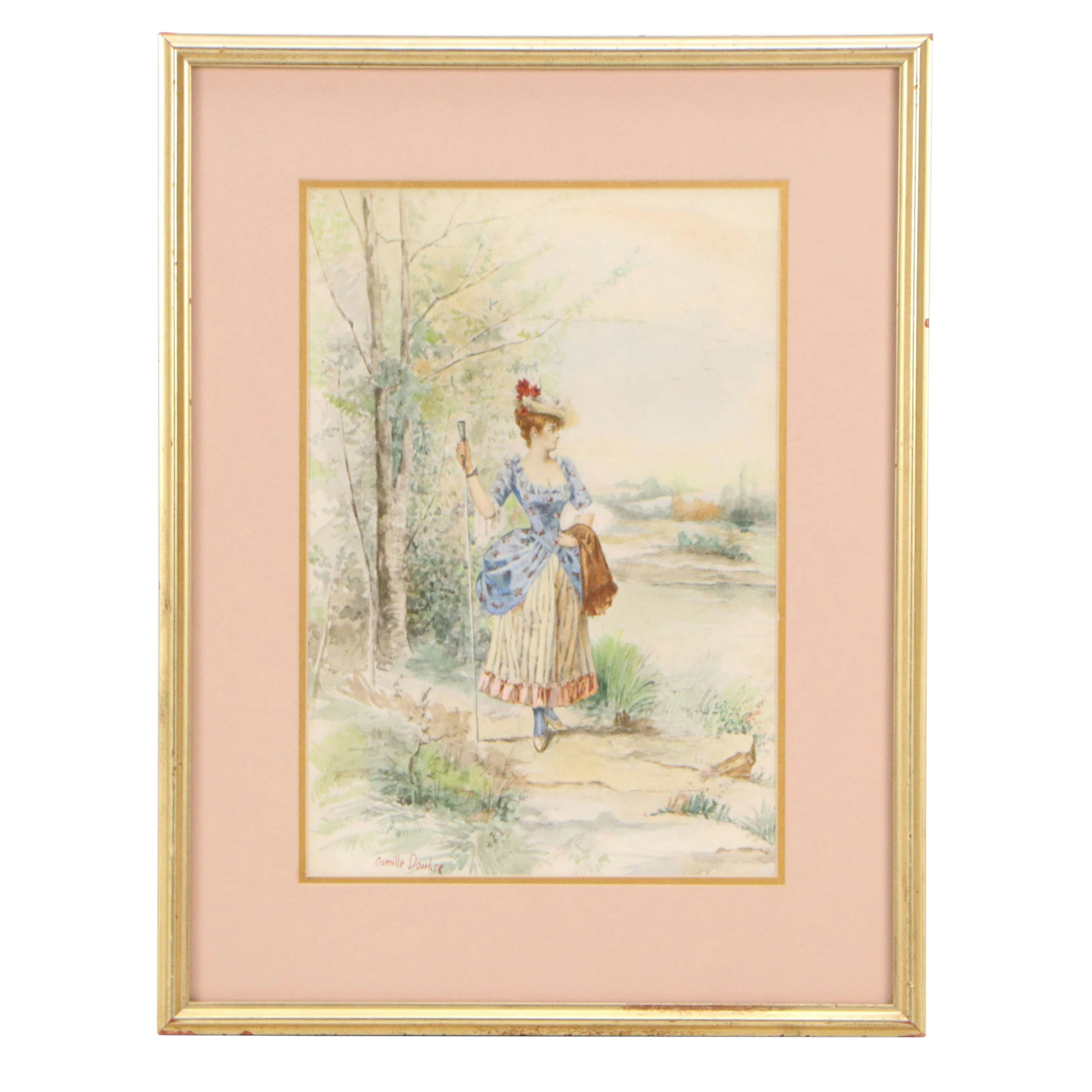 Camille Doukre Watercolor Painting of Woman in Robe à la Polonaise