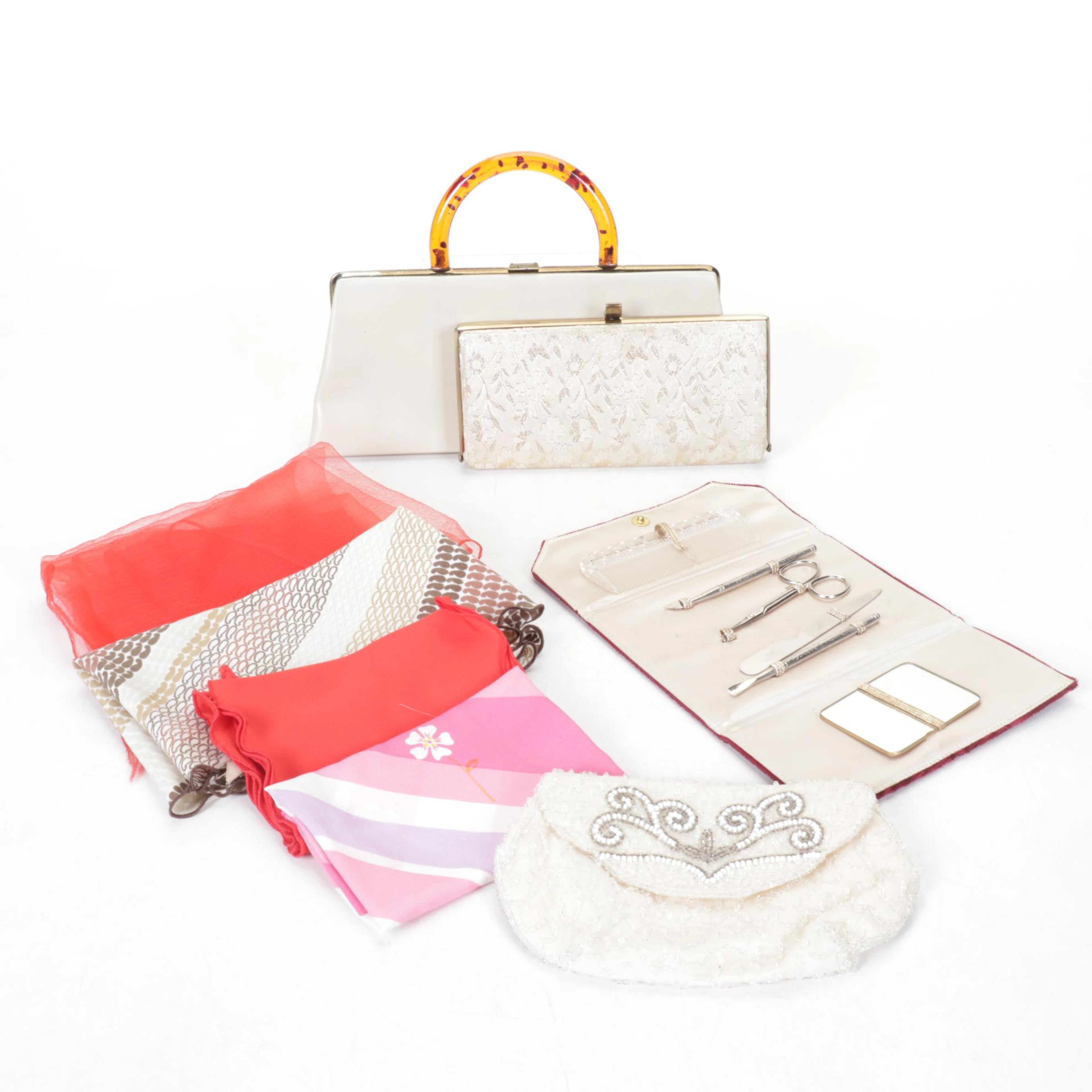 Red Velour Portable Manicure Set, Tortoiseshell Lucite Handbag, Scarves & More