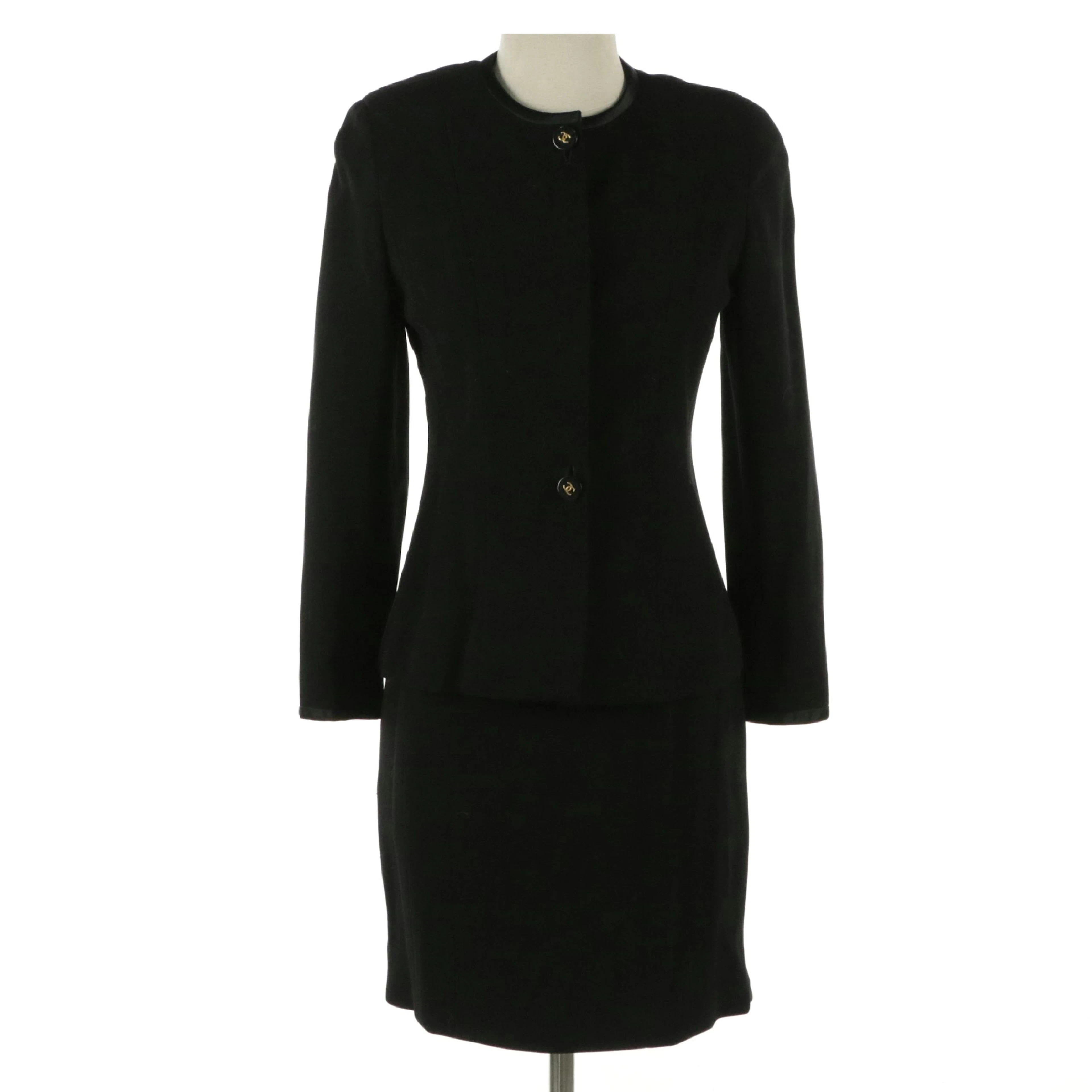 Chanel Black Wool Blend Button-Front Skirt Suit, Late 20th Century