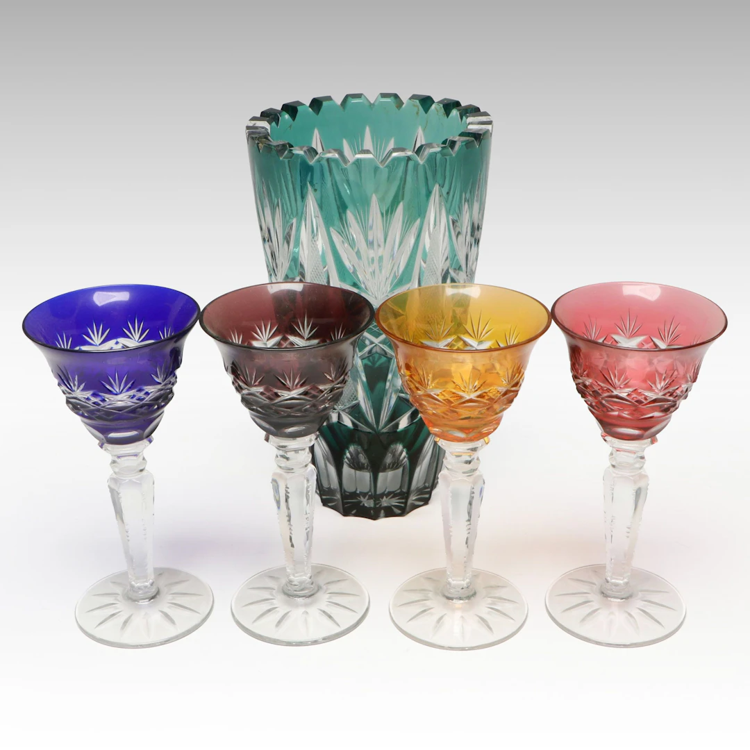 Bohemian Style Cut to Clear Crystal Vase and Cordial Glass