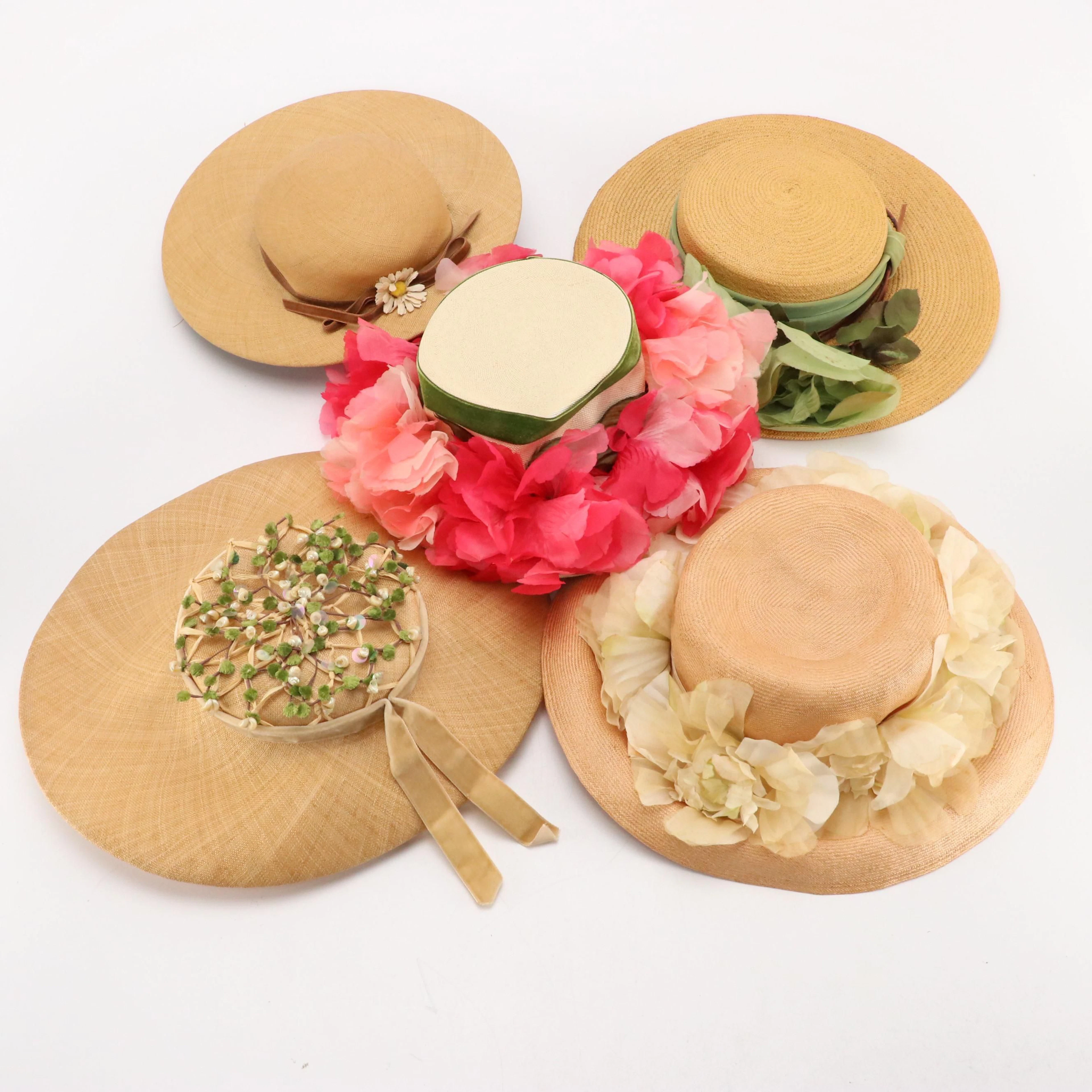 Elsa Schiaparelli Floral Straw Boater and Other Straw Cartwheel Hats