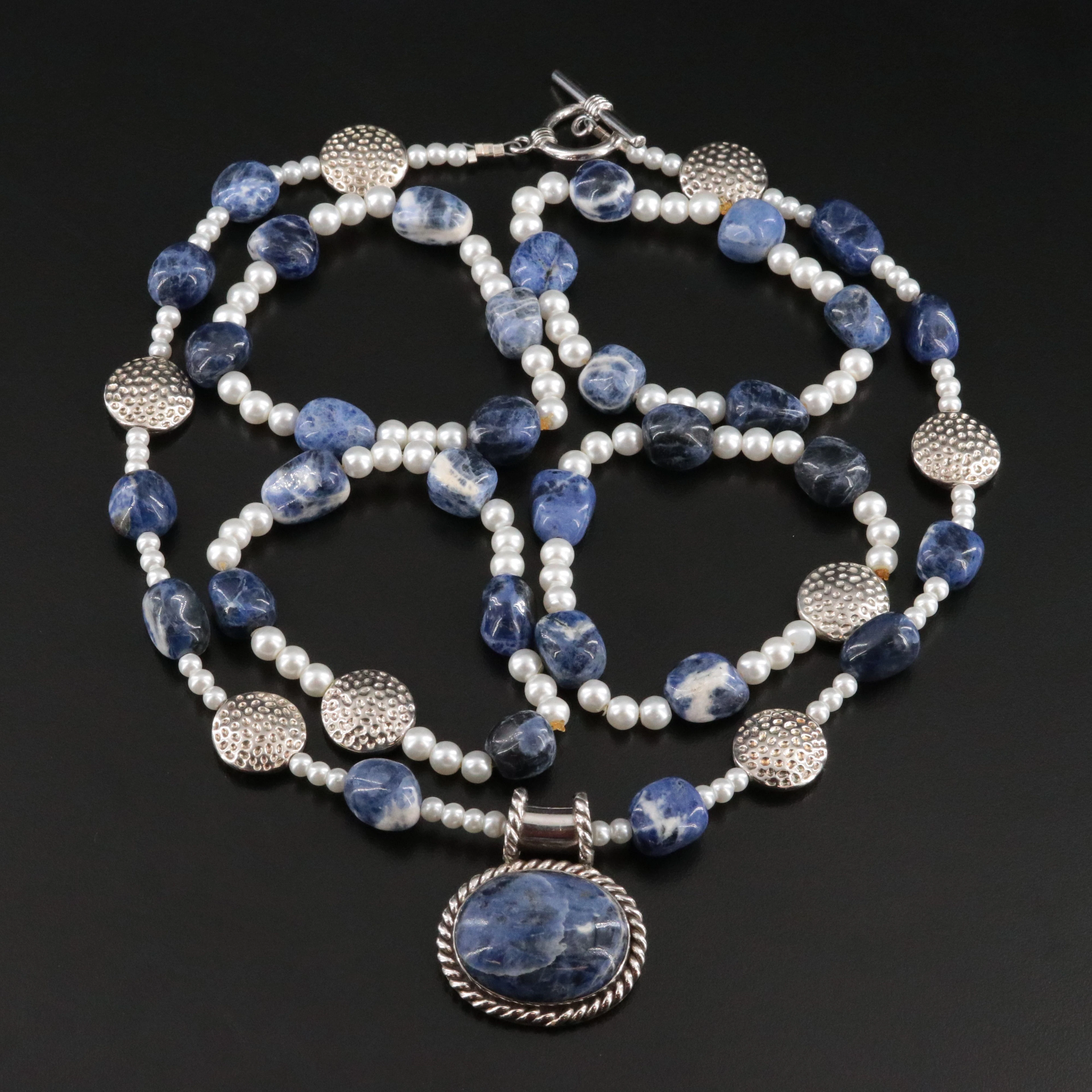 Sterling Sodalite and Pearl Featured in Necklace and Bracelets