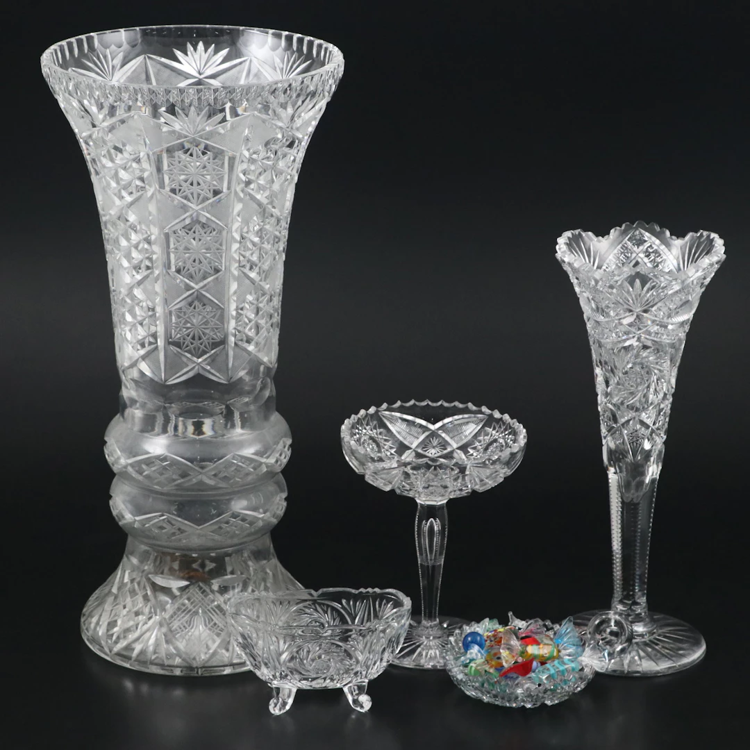Bohemian Cut Crystal Vases and Bowls with Murano Glass Candy