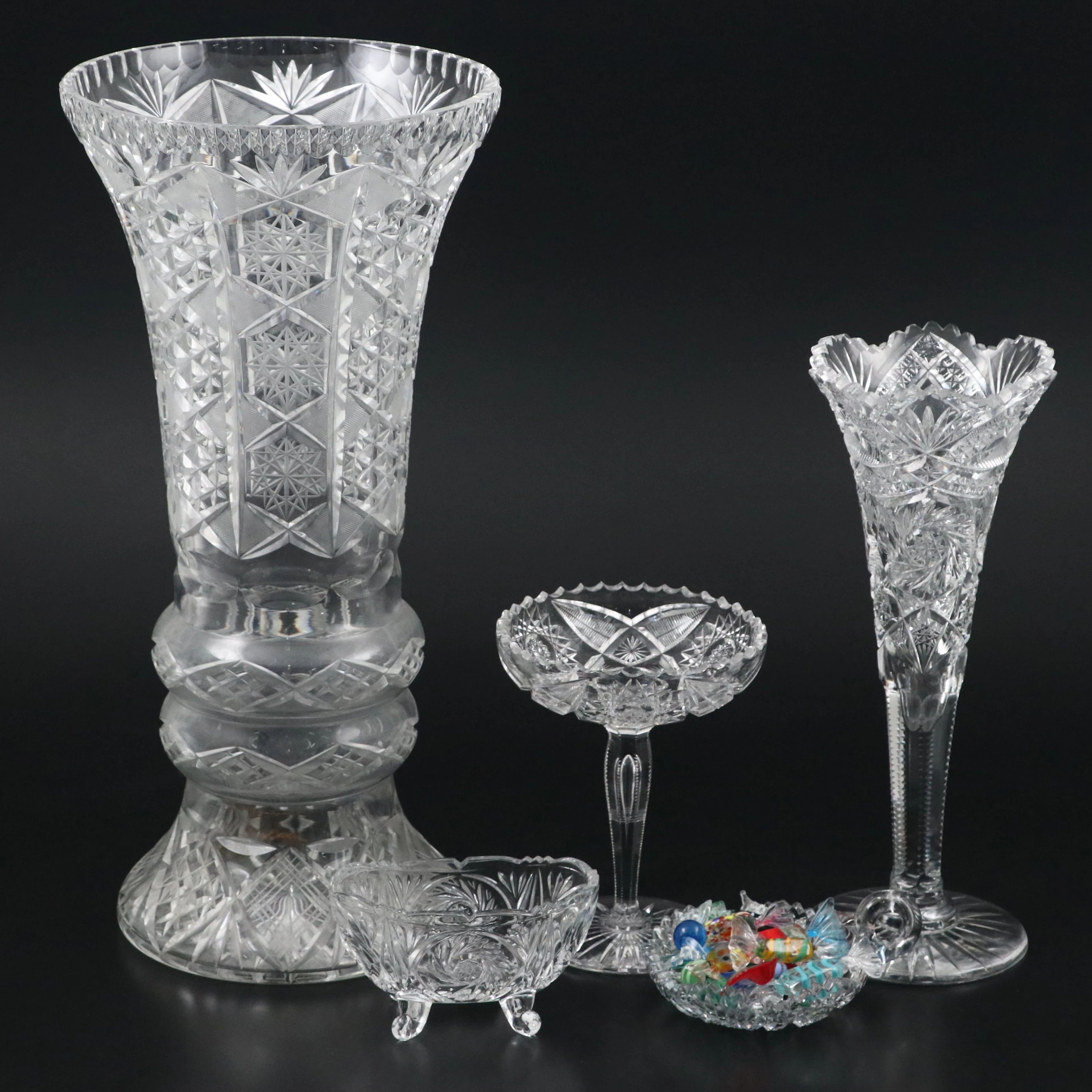 Bohemian Cut Crystal Vases and Bowls with Murano Glass Candy