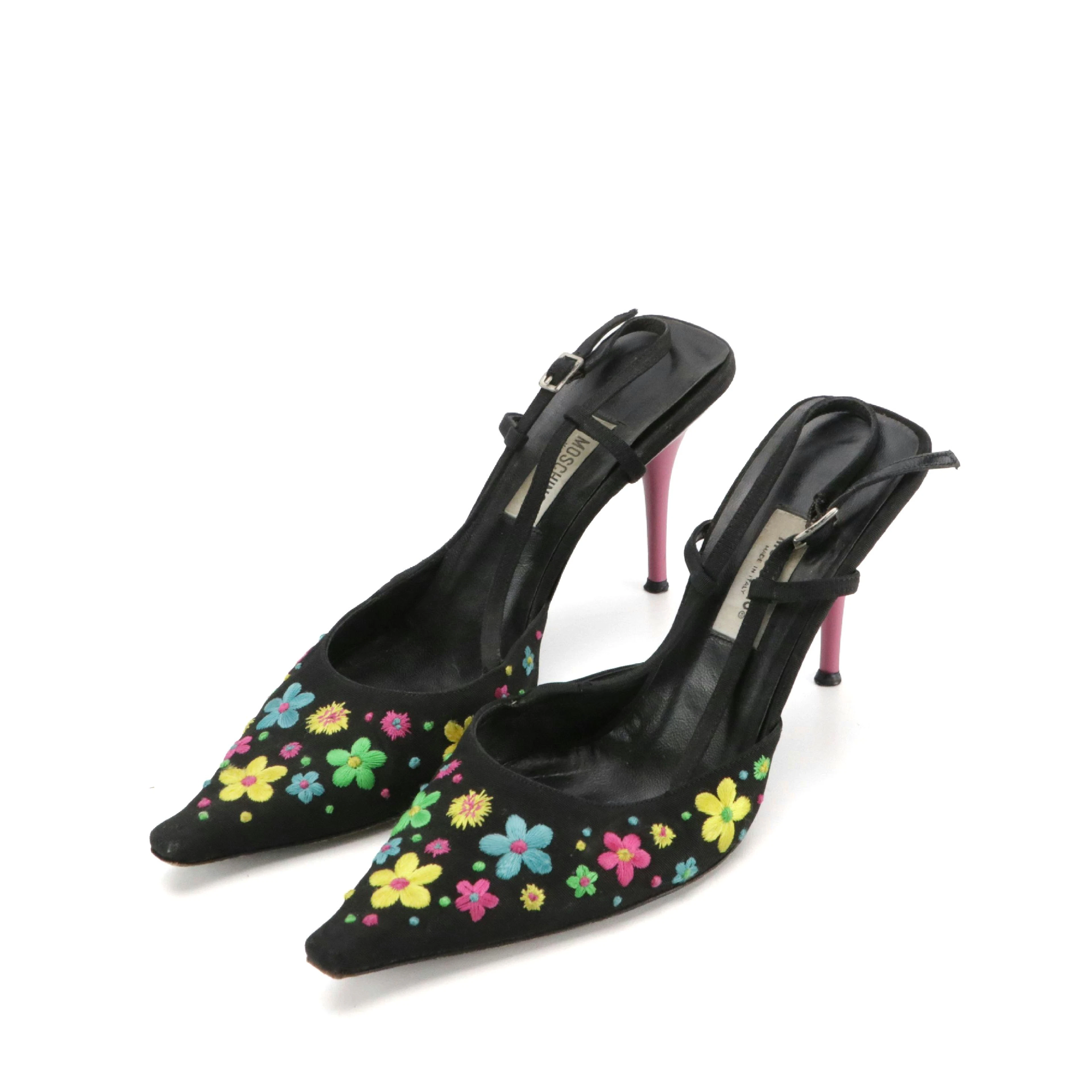 Moschino Floral Embroidered Pointed-Toe Slingback Pumps