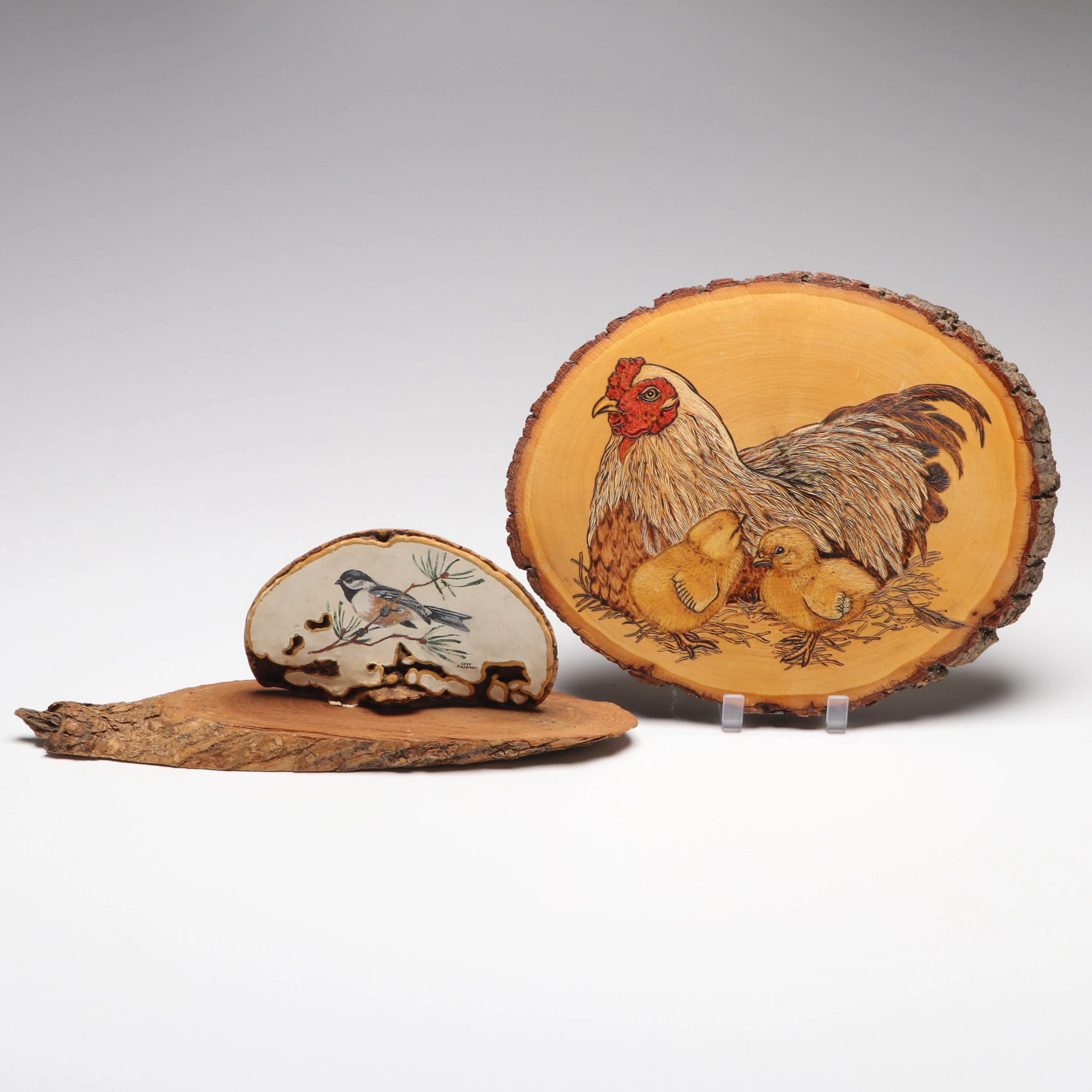 Lila Pischel Wood-Burned Hen and Chicks with Hand-Painted Bird Wood Table Décor