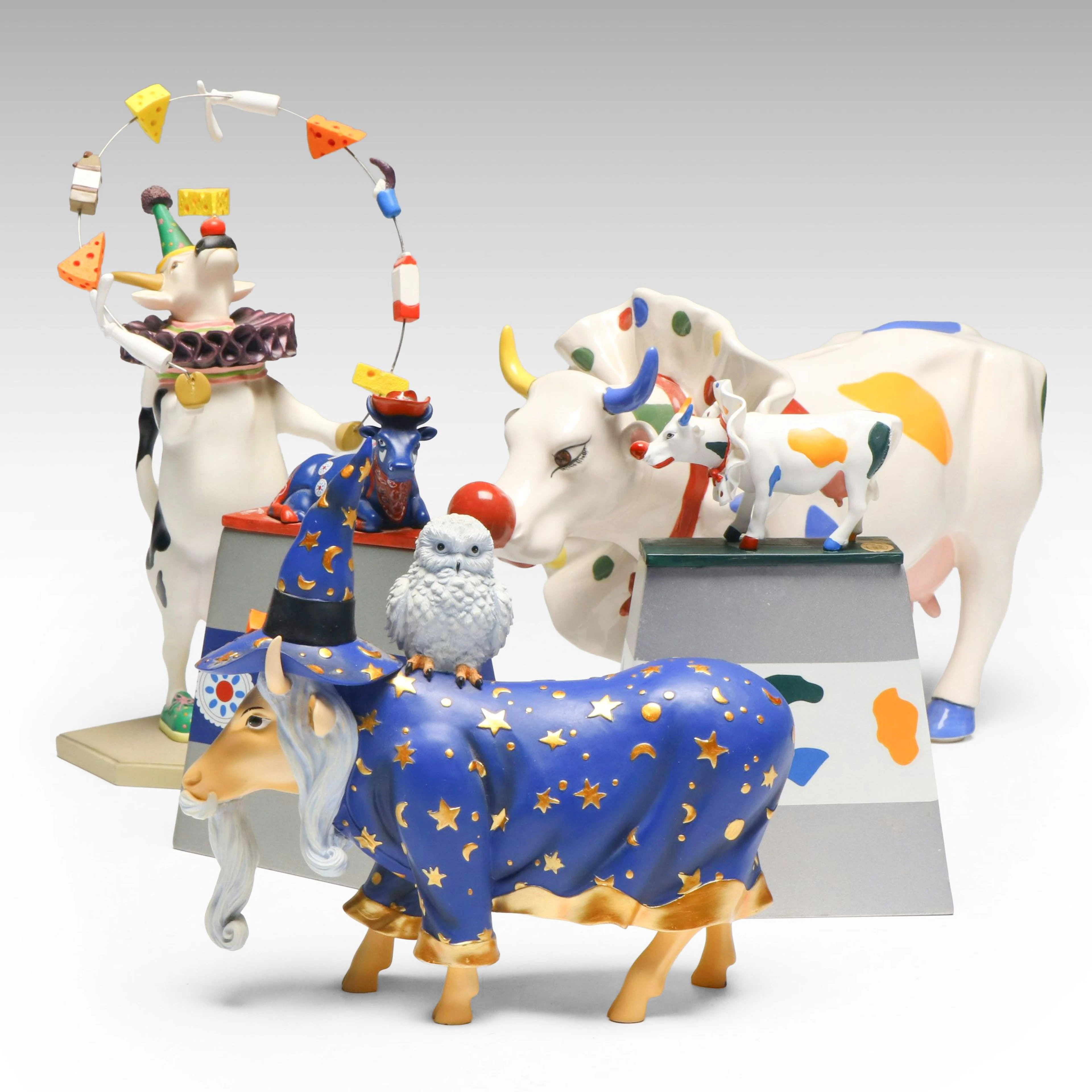 CowParade "Big Apple Cir Cow," Bank with More Cow Figurines and Bells