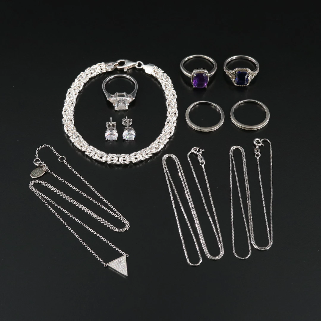 Byzantine Chain Bracelet, Amethyst and Sapphire Featured in Sterling Jewelry