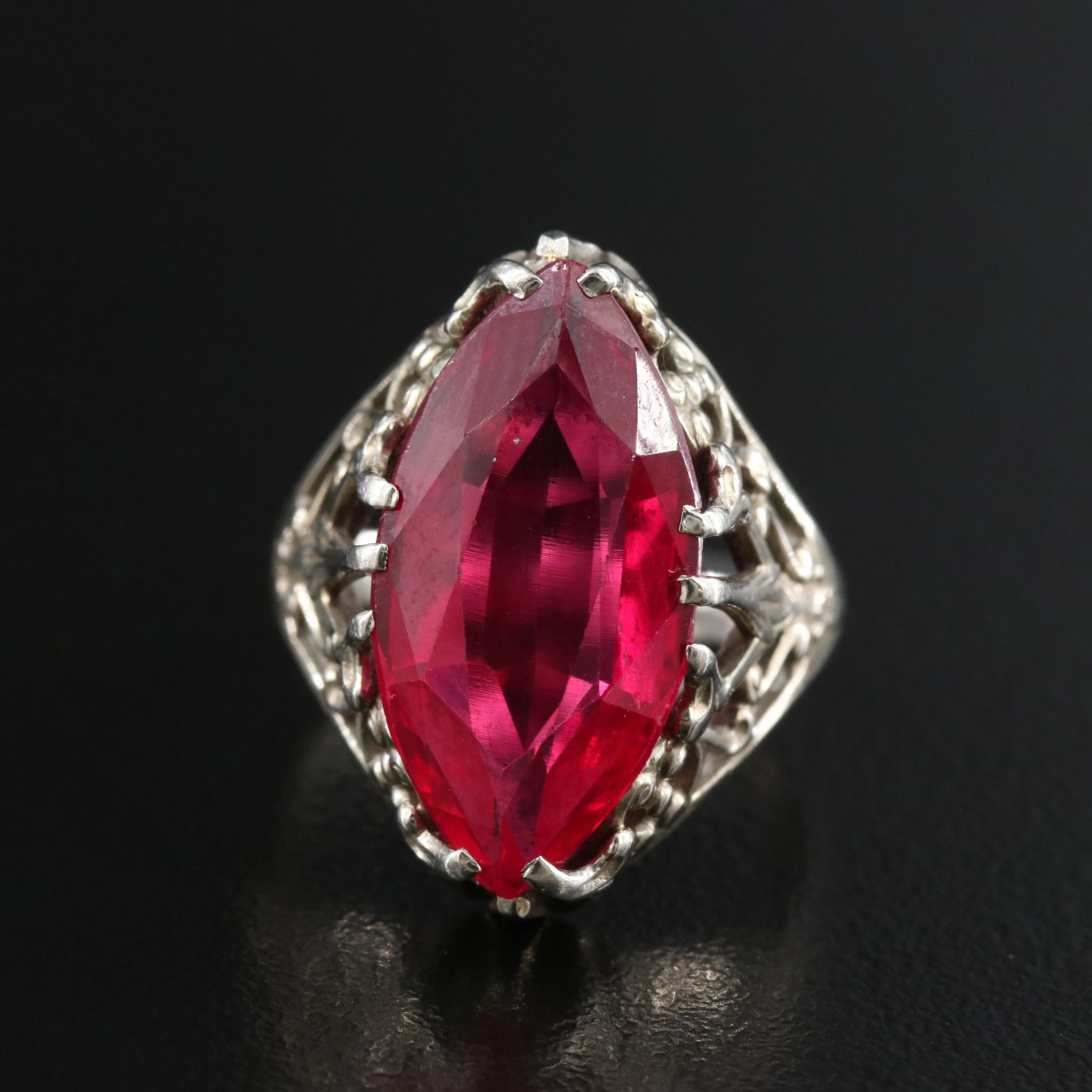 Art Deco Belais 18K Ruby Openwork Navette Ring