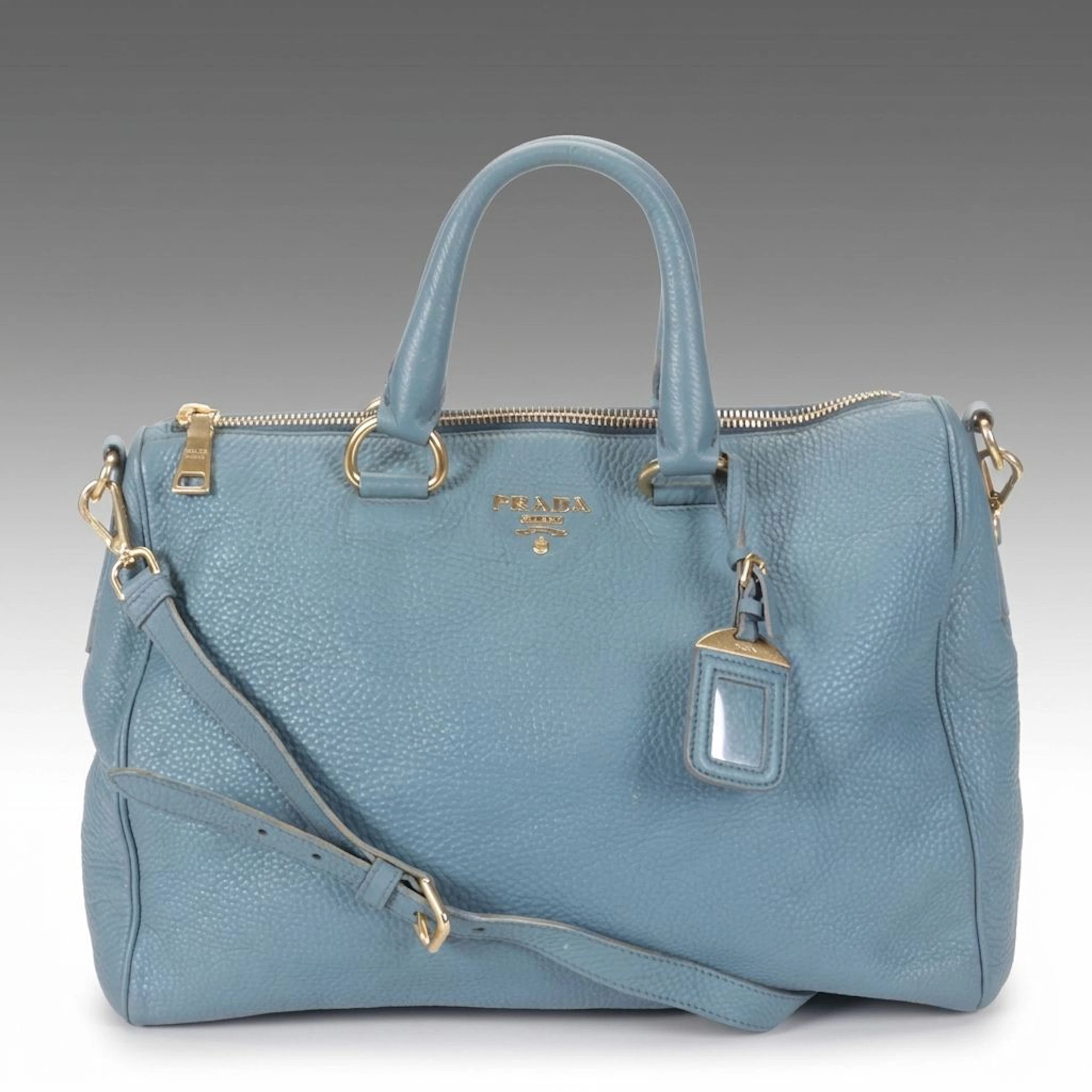 Prada Bauletto Satchel Two-Way Bag in Blue Vitello Daino Leather