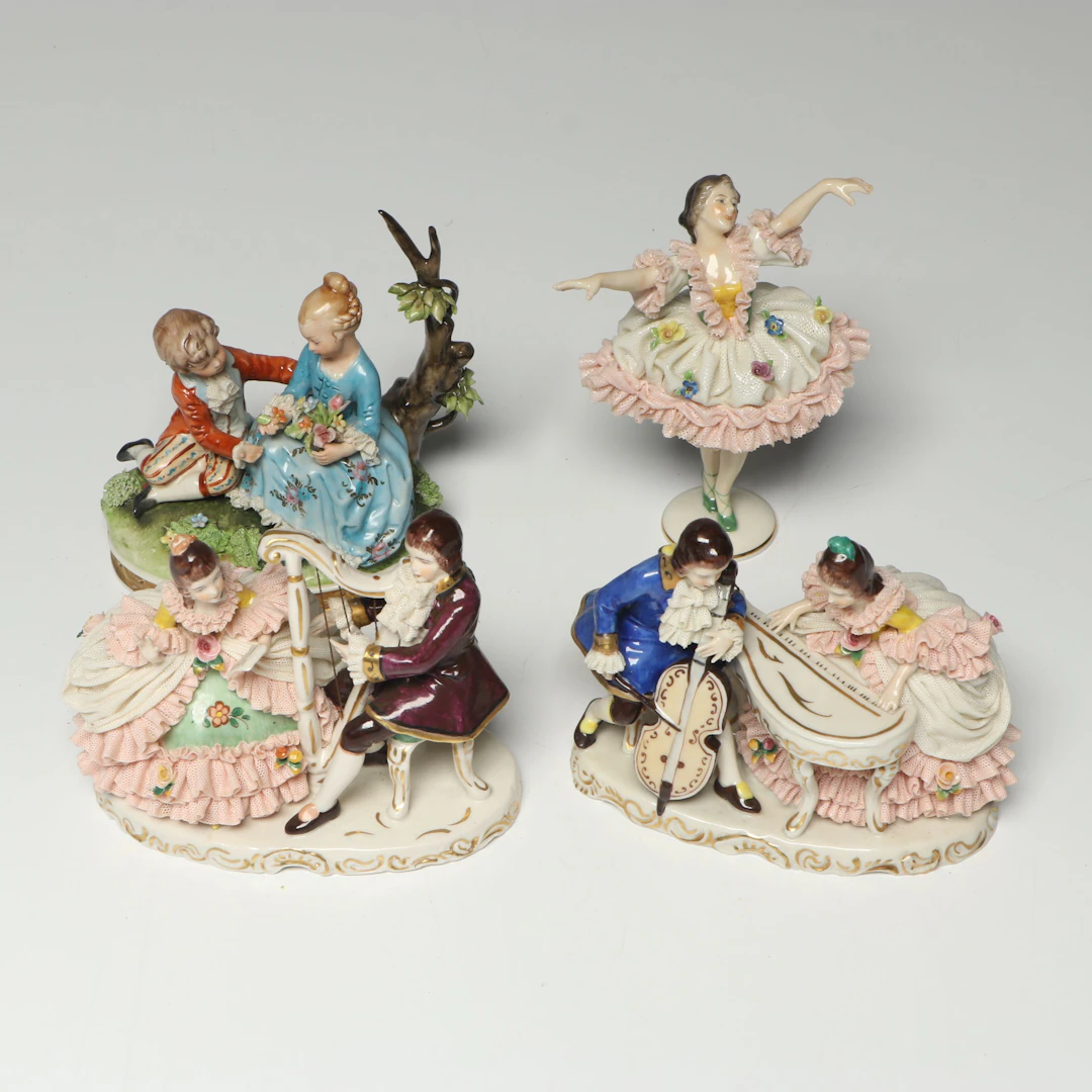 Müller Volkstedt and More Dresden Lace Porcelain Figurines, 20th Century