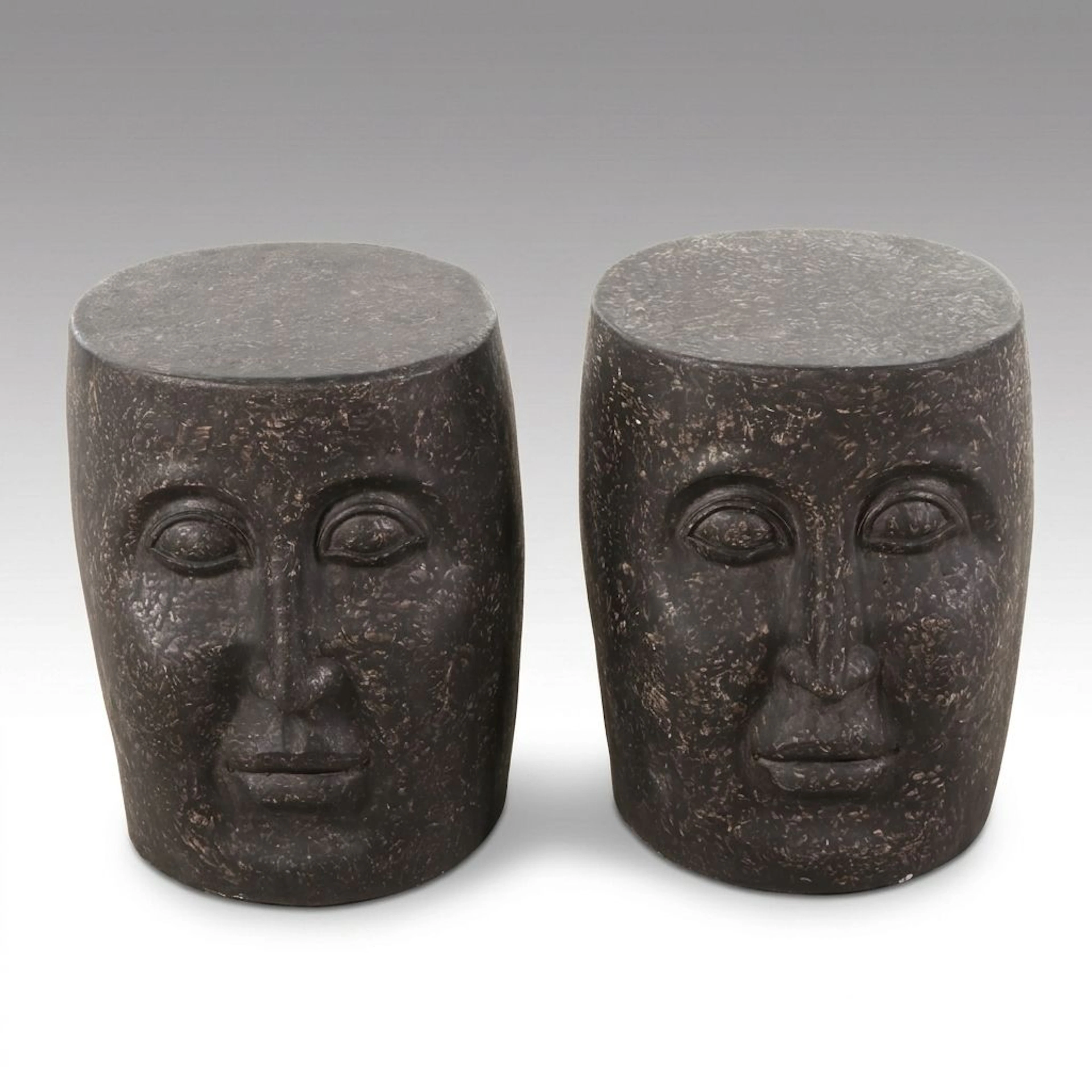 Pair of Tiki Style Cast Stone Face Garden Stools, Late 20th/ 21st Century
