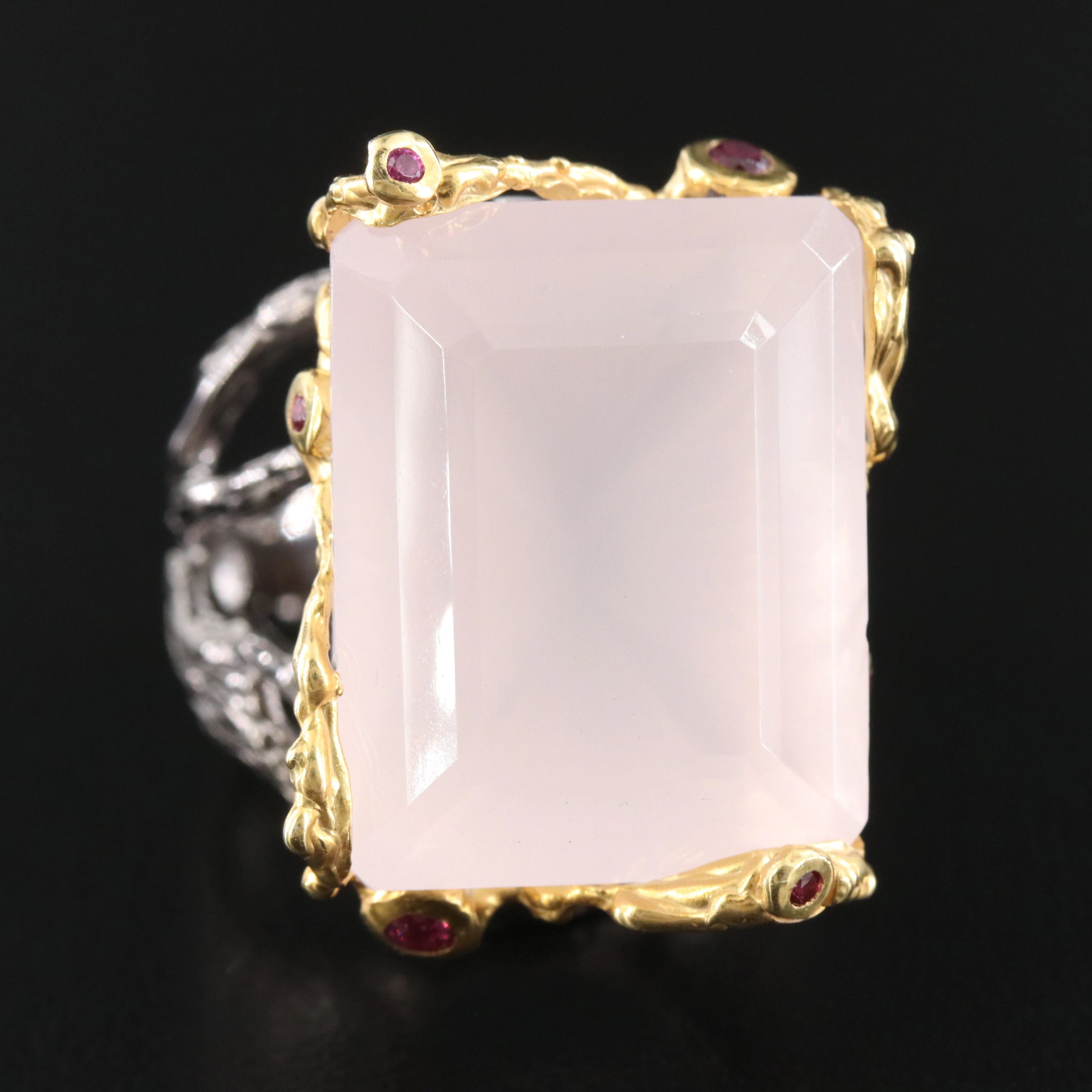 Sterling Rose Quartz and Tourmaline Organic Branch Ring