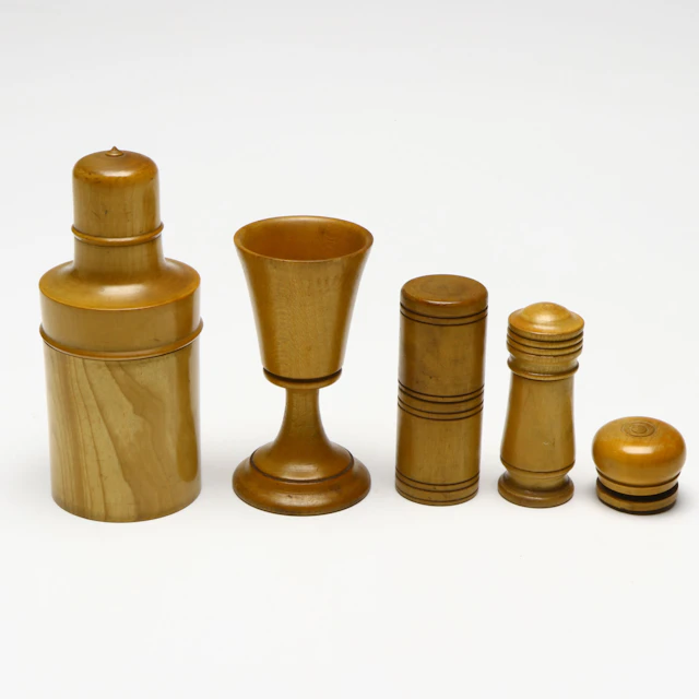 Antique Turned Boxwood Apothecary Bottle Covers and More Treenware