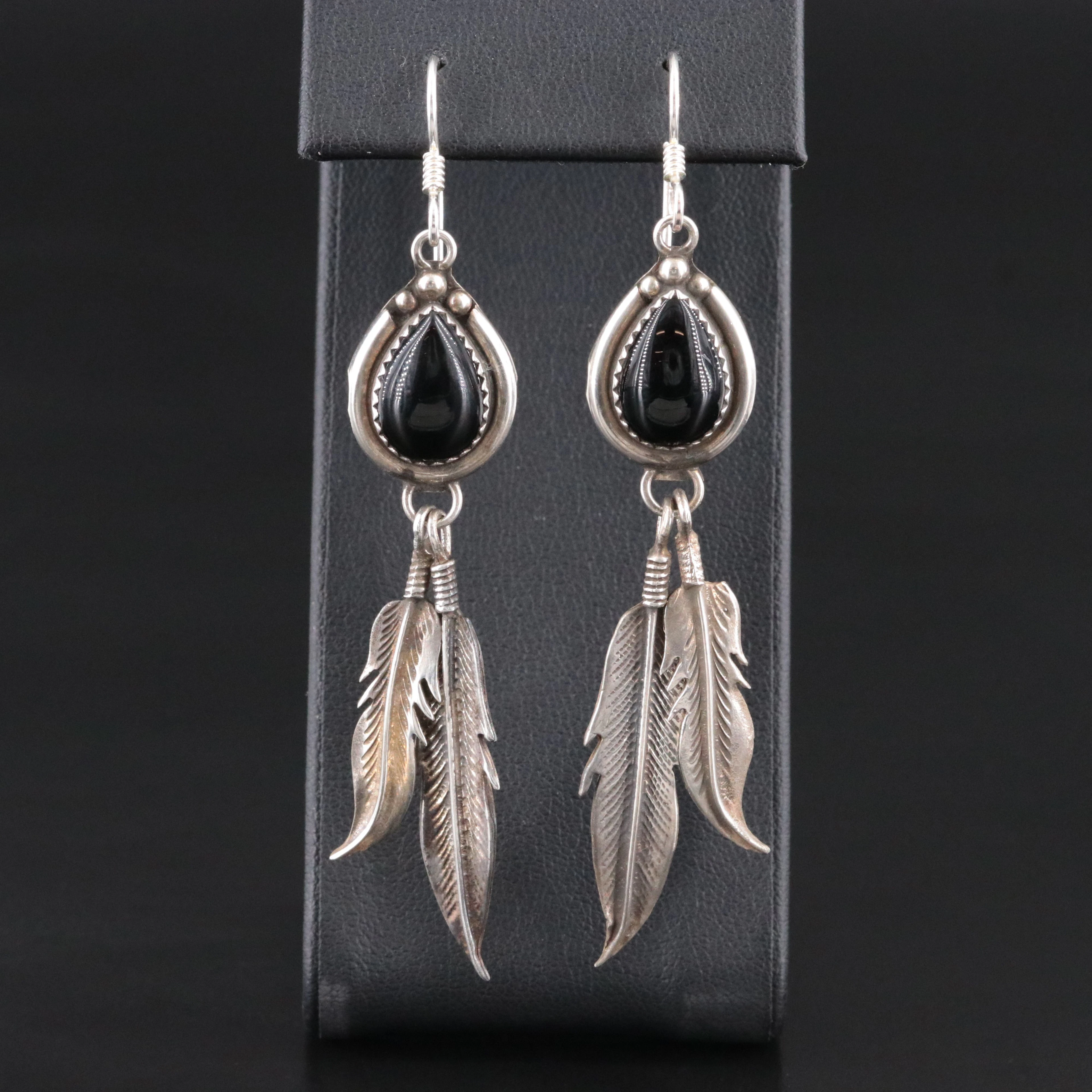 Southwestern Sterling Black Onyx Feather Earrings
