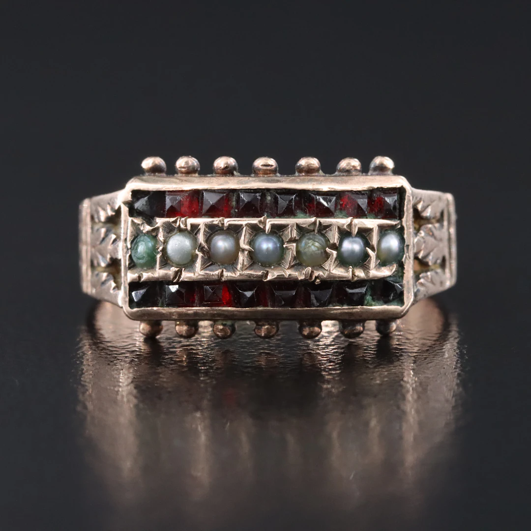 Victorian 9K Pearl and Garnet Rose Gold Ring