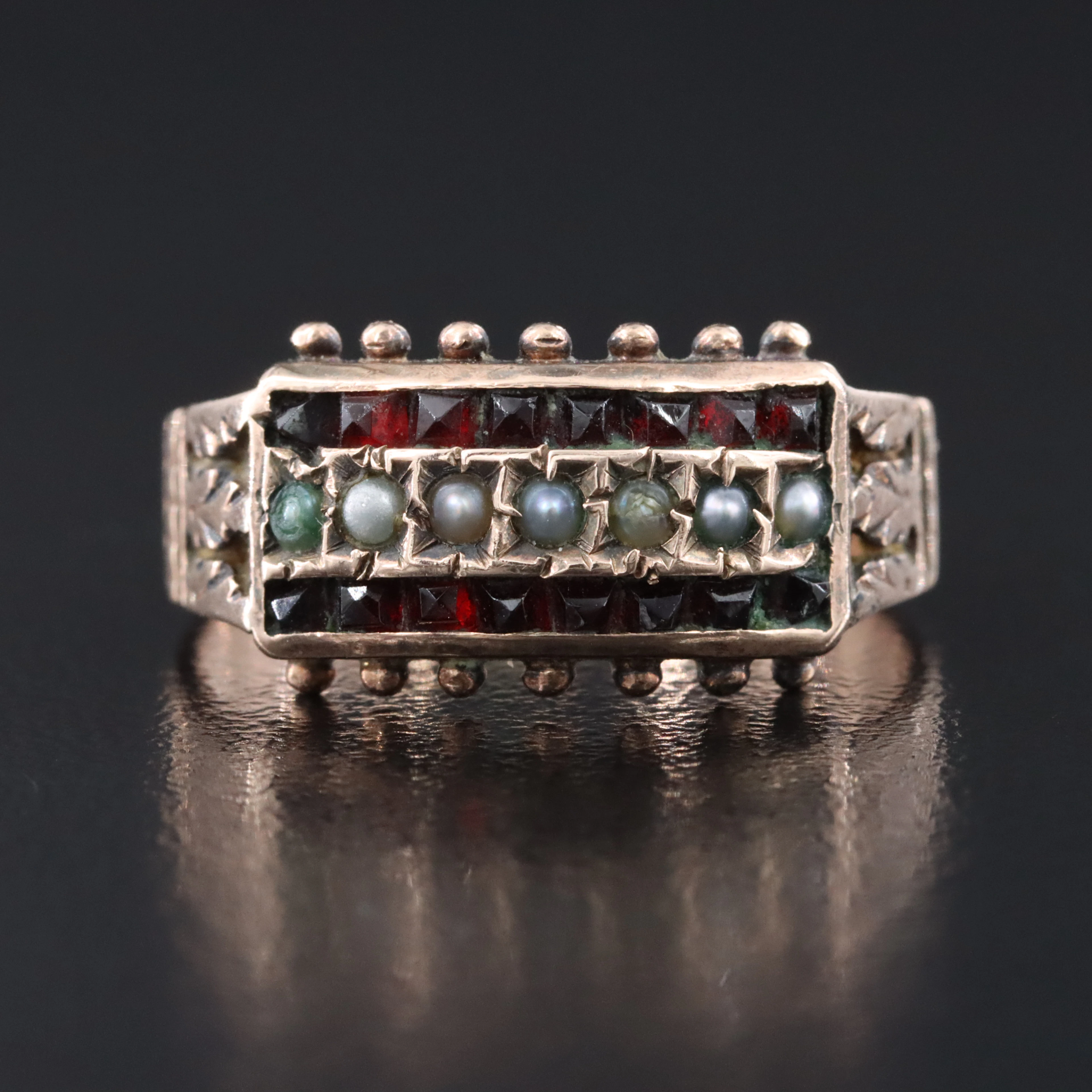 Victorian 9K Pearl and Garnet Rose Gold Ring