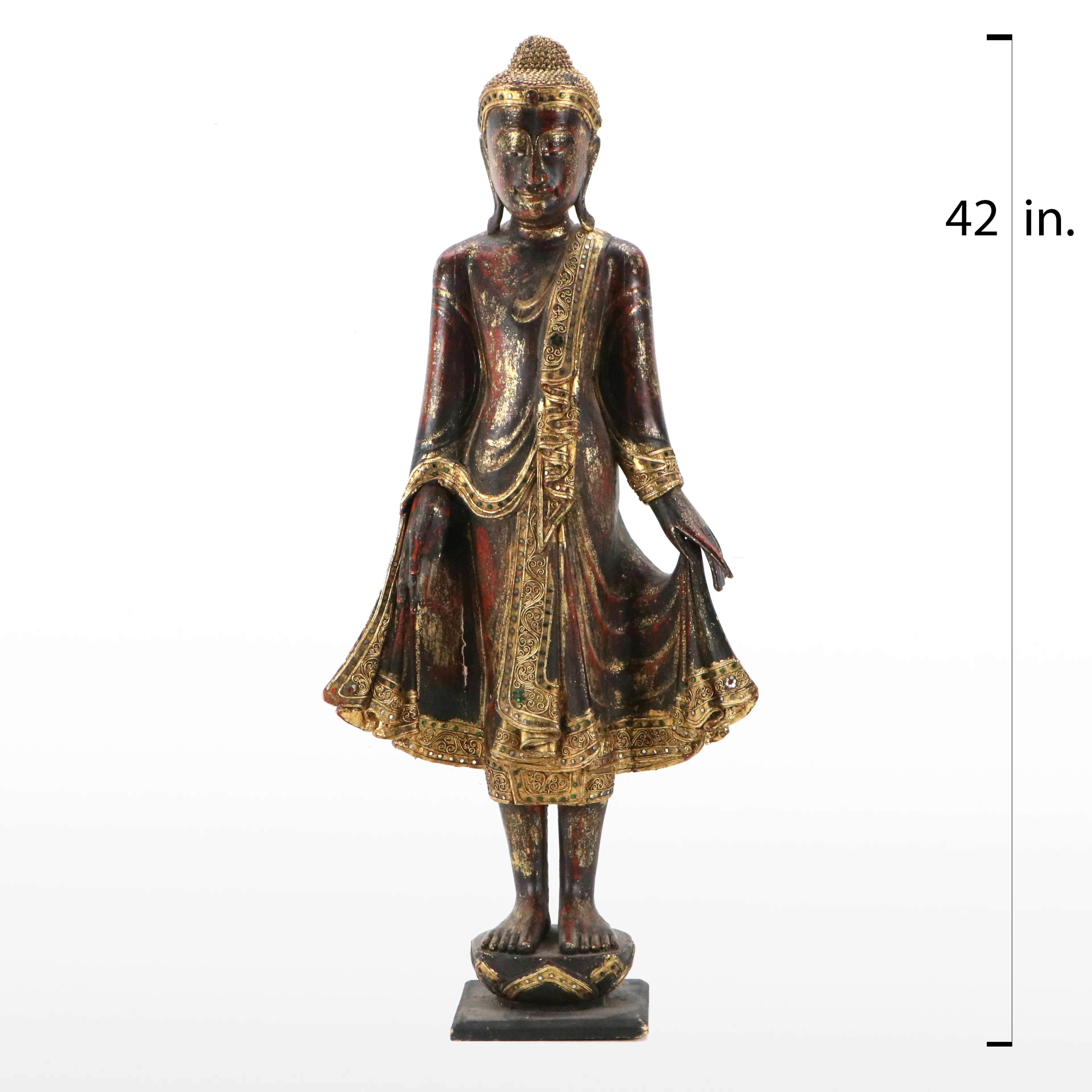 Thai Mandalay Style Parcel Gilt and Polychrome Wood Figure