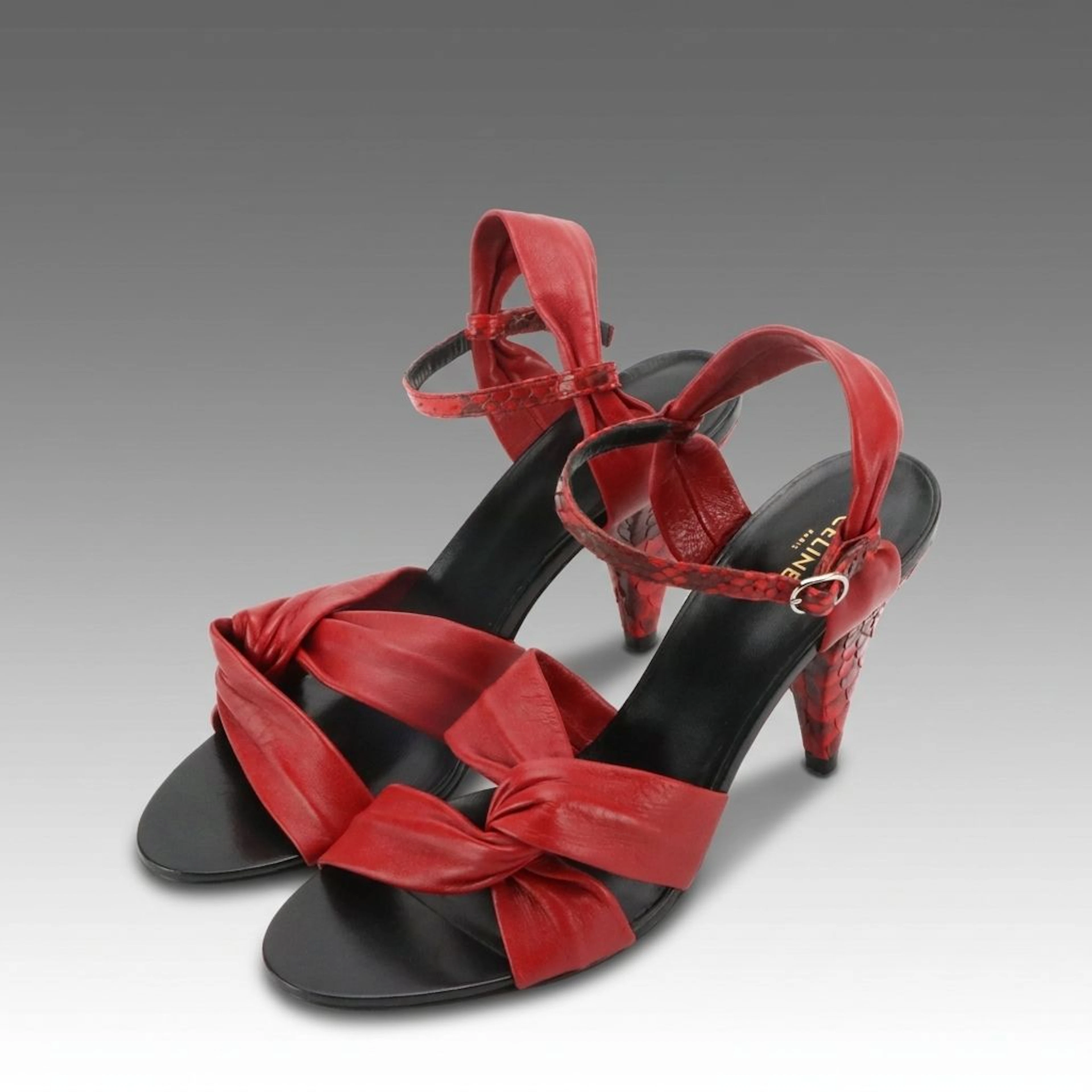 Celine Twisted Red Nappa Leather & Python Skin Ankle Strap Heels with Box